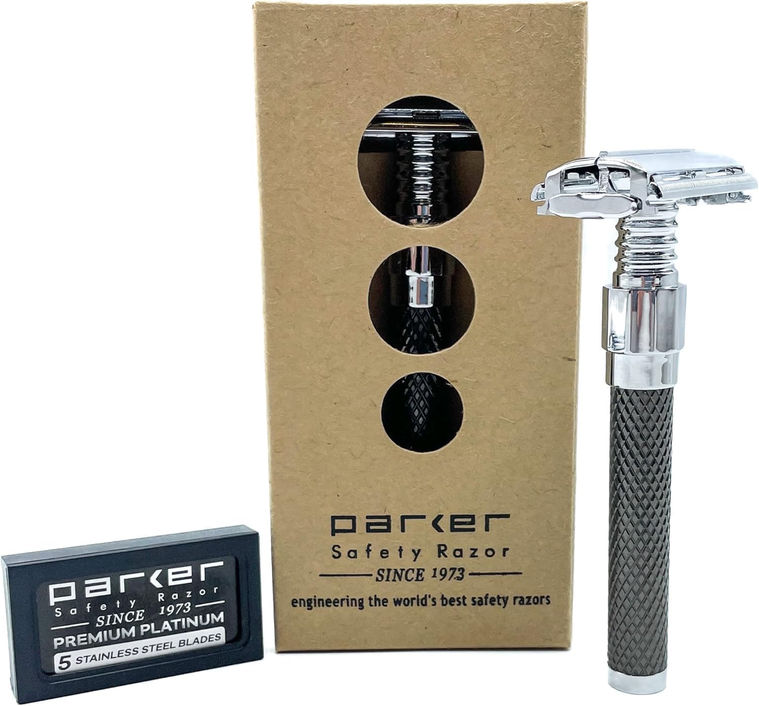 Parker 92R Graphite Gray Butterfly Double Edge Safety Razor, Long Handle | Twist-To-Open Loading And Substantial Weight Provide Secure Control