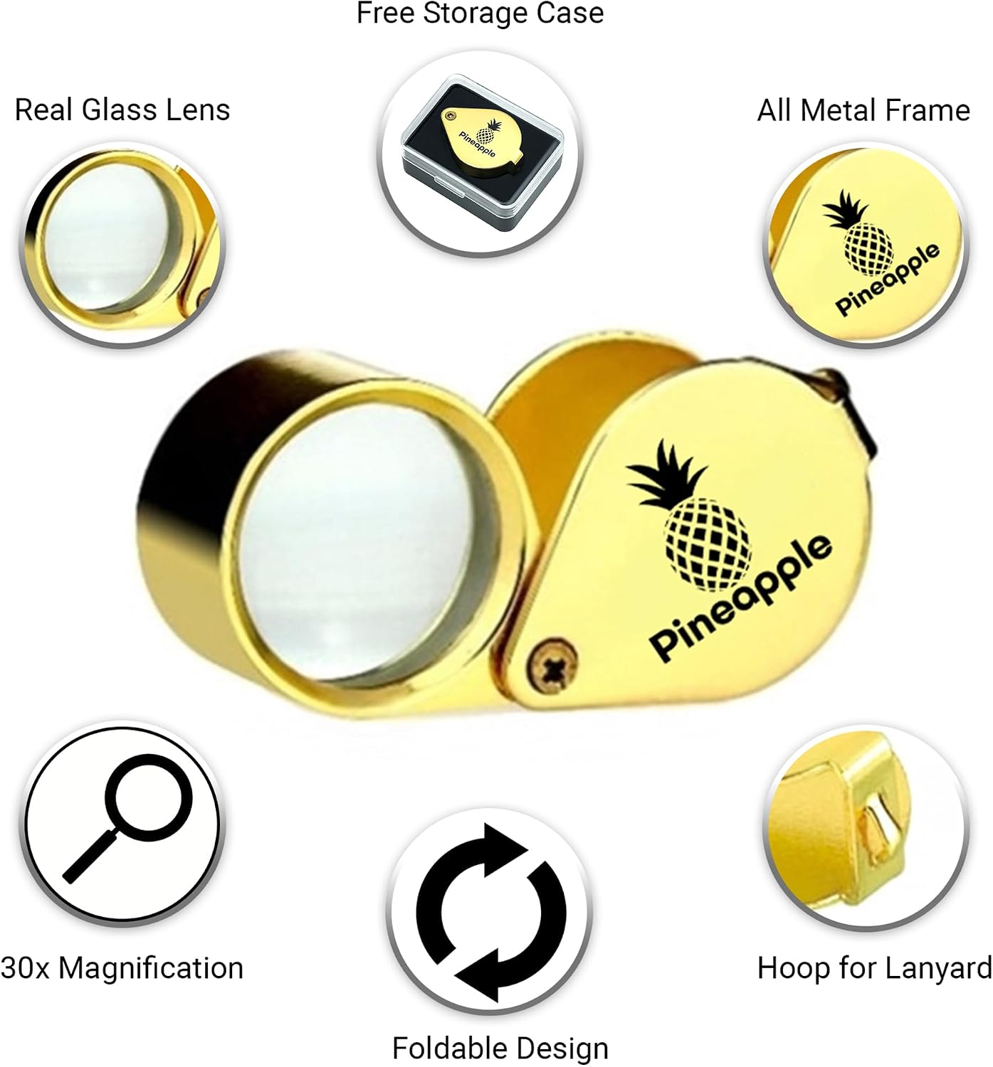 Pineapple 30X Jewelers Loupe Magnifier Foldable Pocket Magnifying Glass Small Jewelry Eye Loop for Jewelers, Gems, Diamonds, Plants, Coins (Gold)