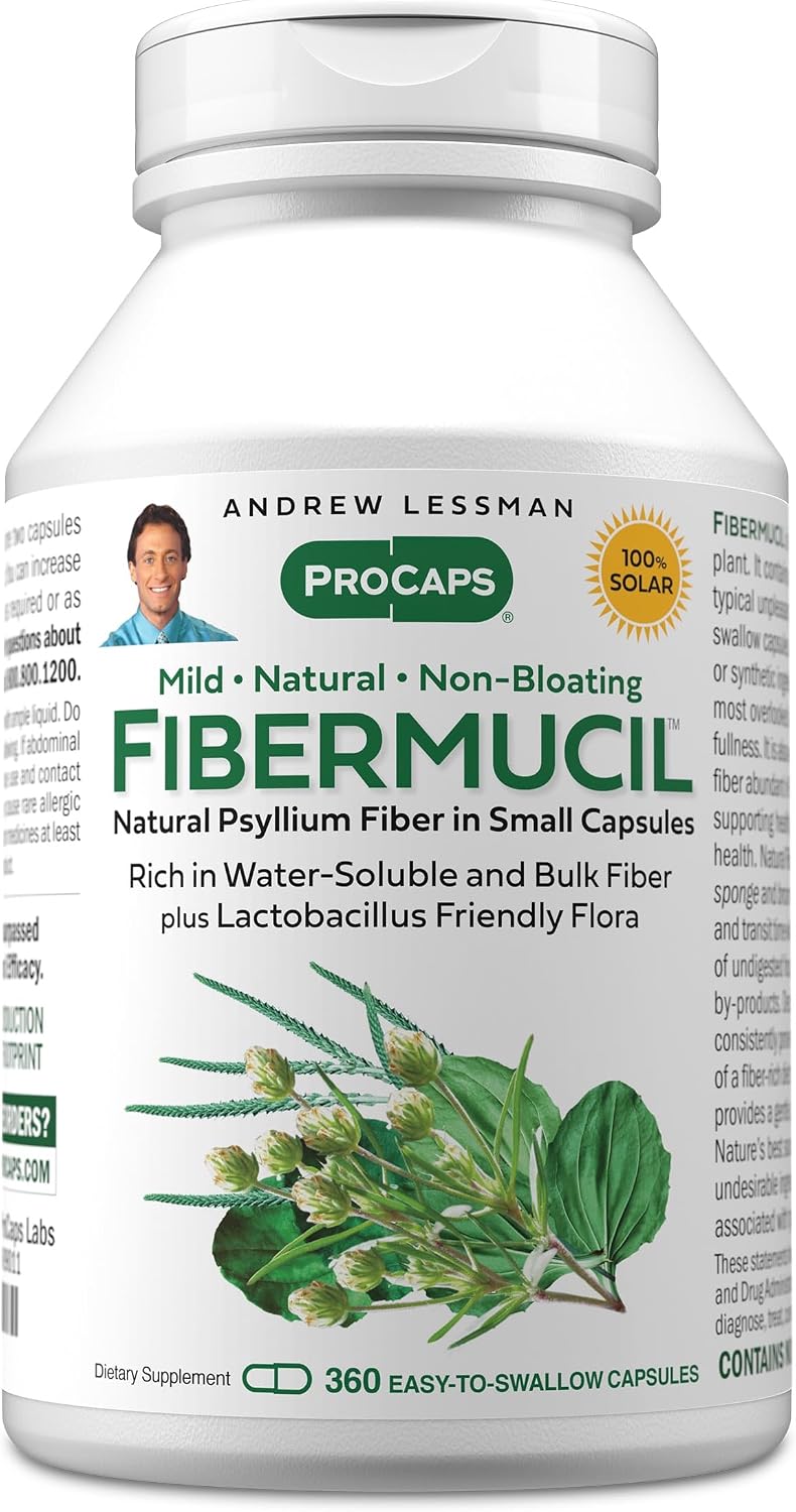 Andrew Lessman ProCaps Fibermucil Psyllium Husk Fiber 180 Capsules | Psyllium Husk Powder with Soluble & Insoluble Fiber plus Lactobacillus Sporogenes. No additives. Easy-to-swallow capsules.