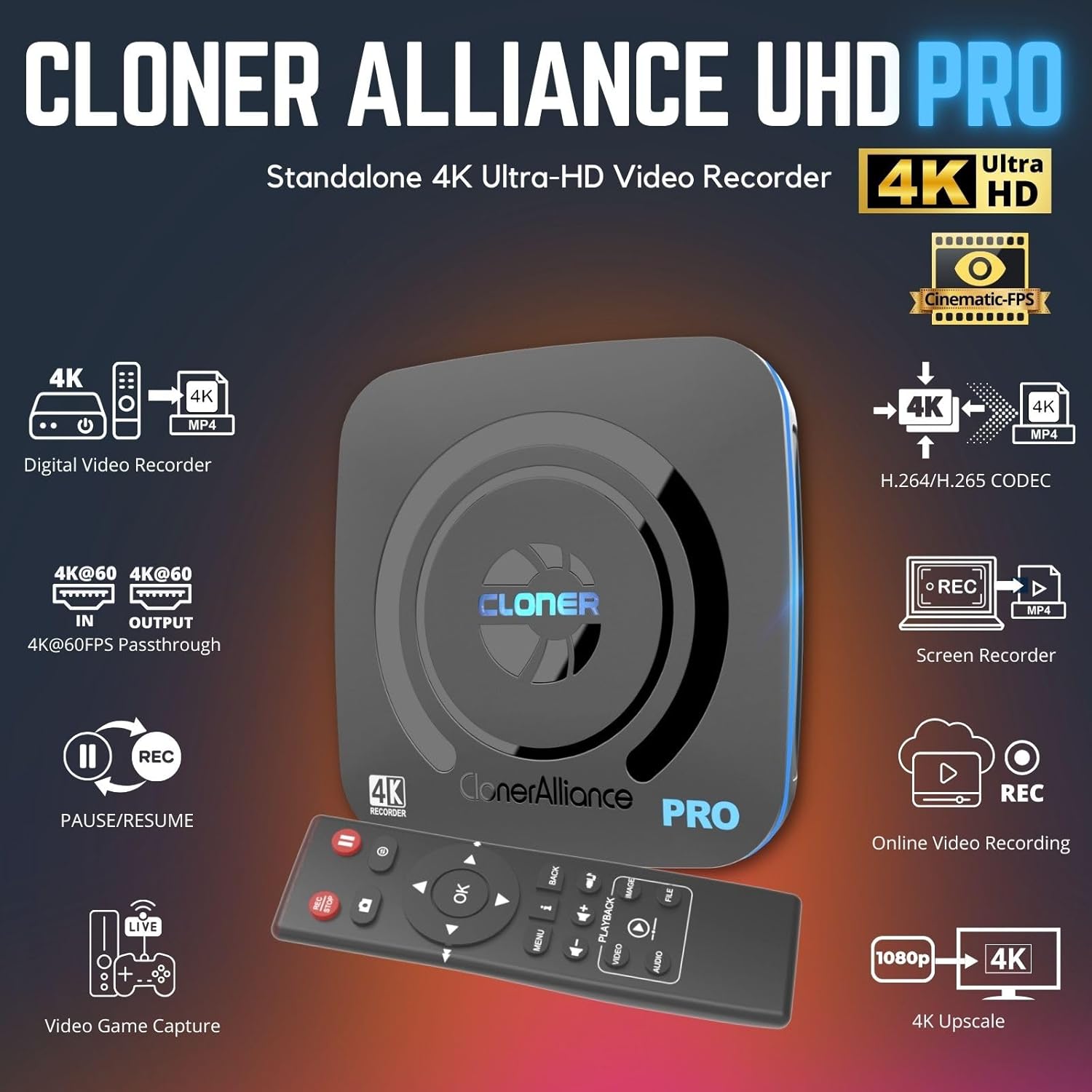 UHD Pro, 4K Video Recorder, HDMI Capture DVR with H.265/H.264 Codec, Cinematic 24fps Recording(Up to 30fps), 4K@60fps Passthrough