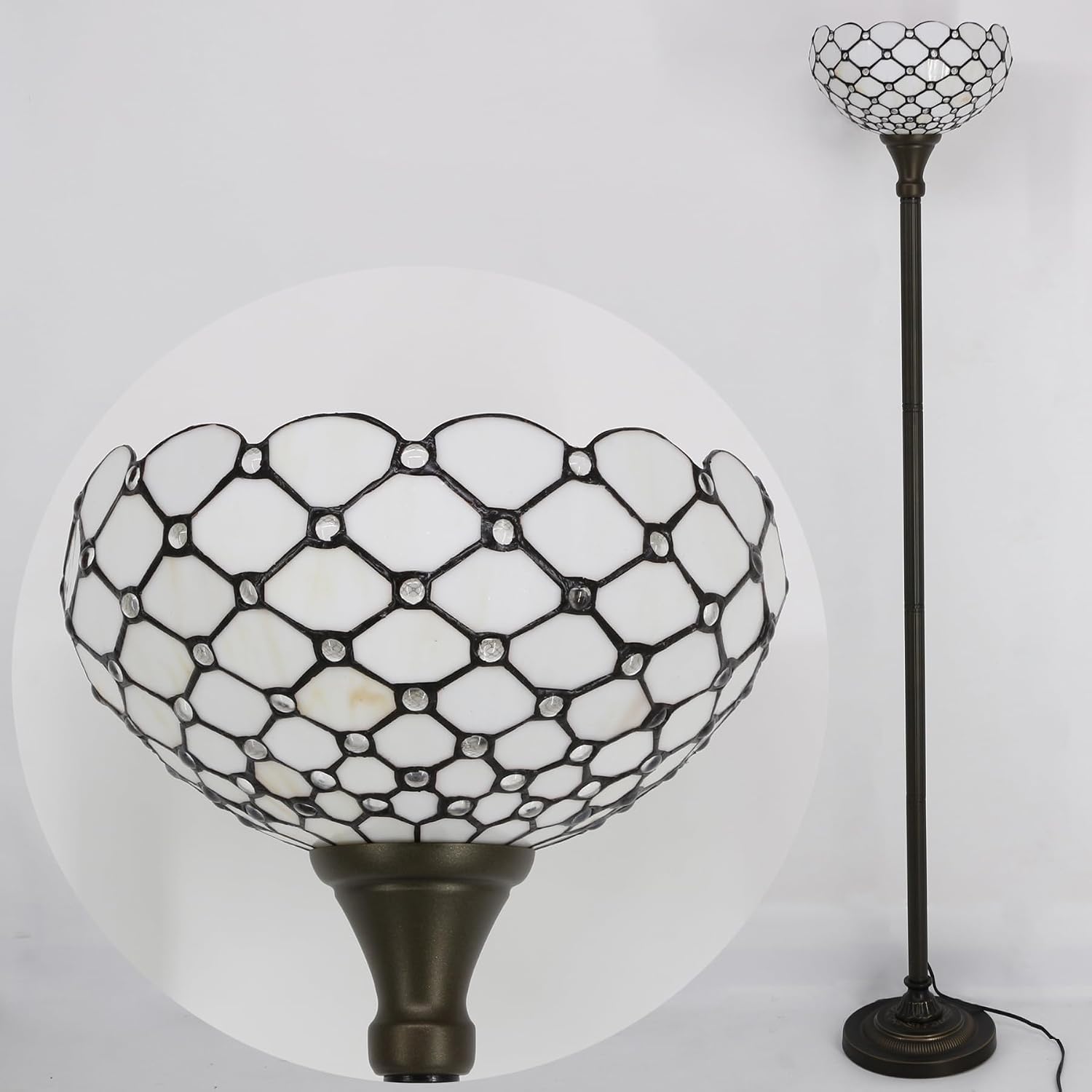 WERFACTORY Tiffany Floor Lamp Cream Amber Stained Glass Torchiere Light | 12X12X71 Inches Pole Standing Corner Torch Bead Uplight Decor Bedroom