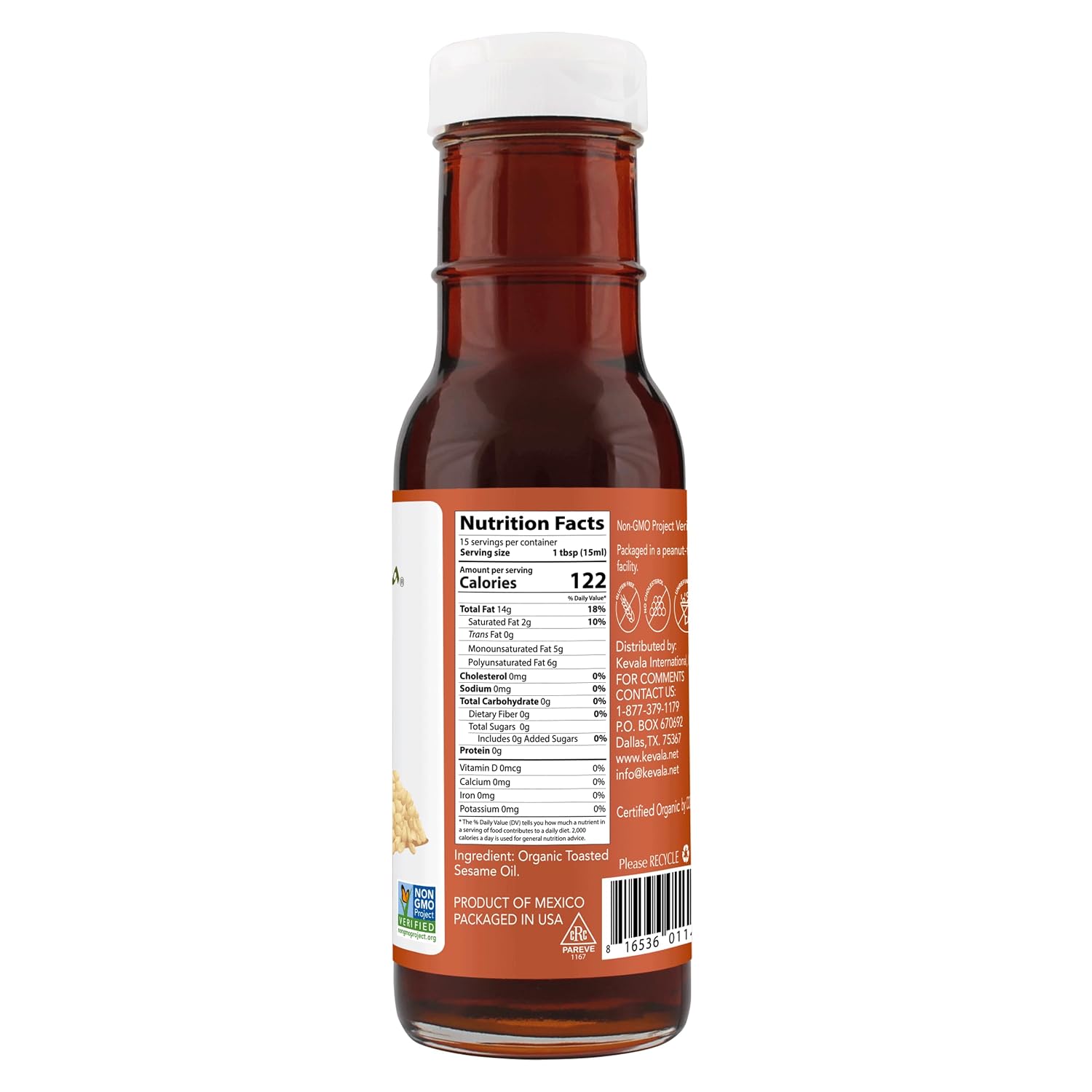 Kevala Organic Toasted Sesame Oil - 1 gal, Made with Organic Sesame Seeds | Medium Smoke Point Suitable for Light Roasting and Stir-Frying, Kitchen Pantry Essential Vegetable Oil, Salad Dressing Base