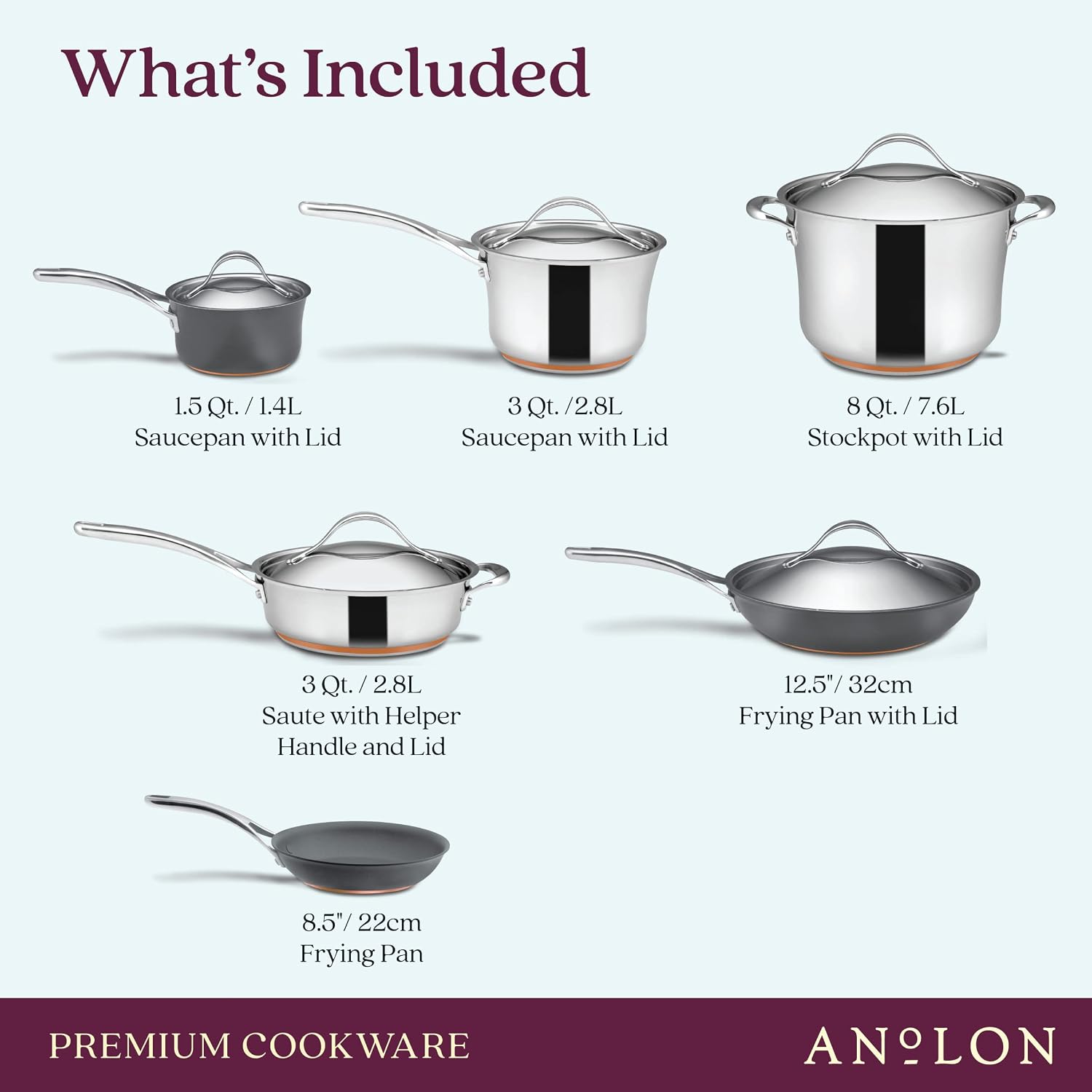 Anolon Nouvelle Stainless Steel Cookware Pots and Pans Set, 10 Piece | Stainless Steel Cookware Set with Lids, Oven Safe to 500°F, Durable Everyday Cooking, Dishwasher Safe