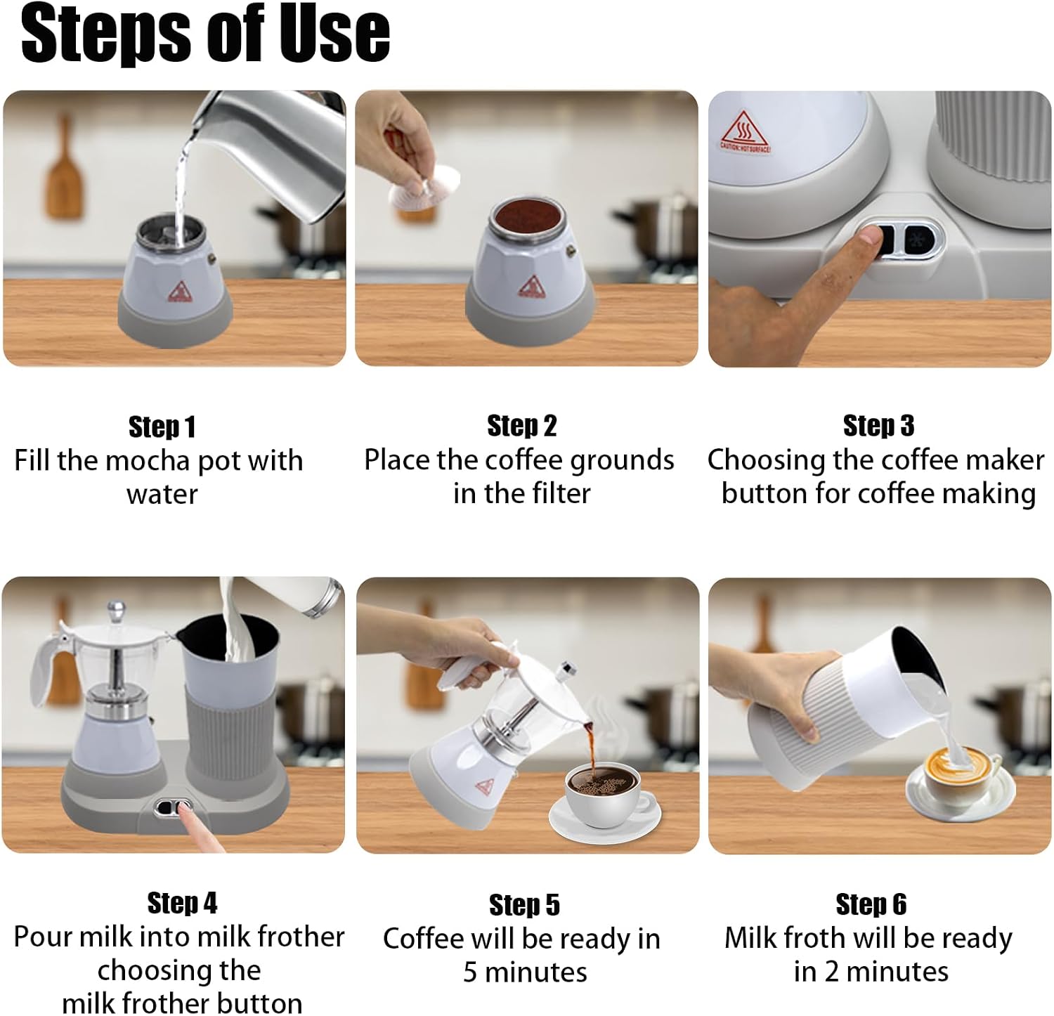 Espresso Maker with Milk Frother Electric Moka Pot 2-in-1 Espress Machine Aluminium One-Touch Operation Milk Froth Fine and Dense White 110V