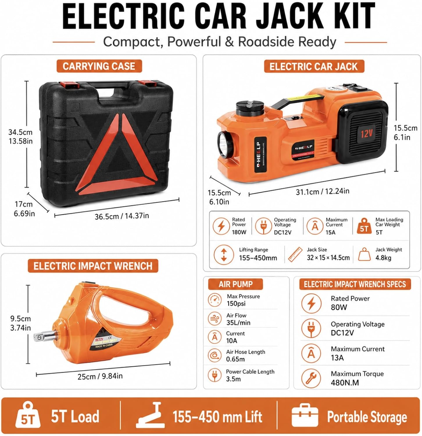 E-HEELP Electric Car Jack Kit 5 Ton 12V with Impact Wrench, 6.1-17.7 in