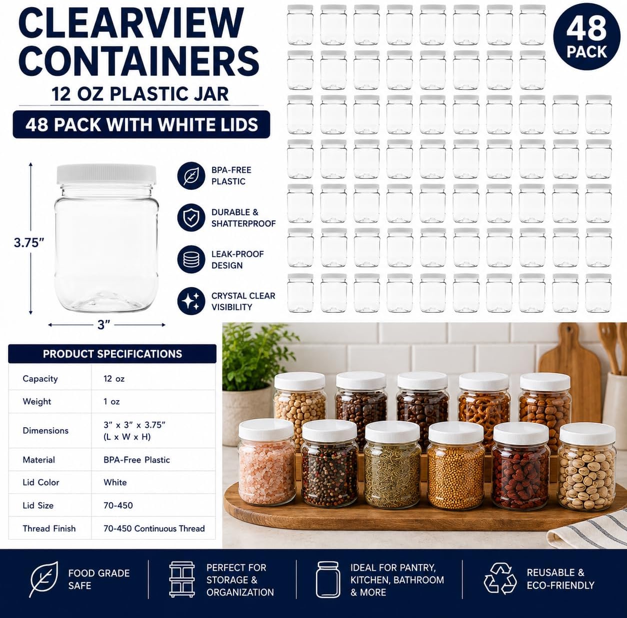 1 Pack - 128 oz (1 Gallon) Plastic Storage Jars with 110-400 Leak Proof Black Lids, Food Grade, BPA Free, Hand Wash Only (128oz, BLK, 1PK)
