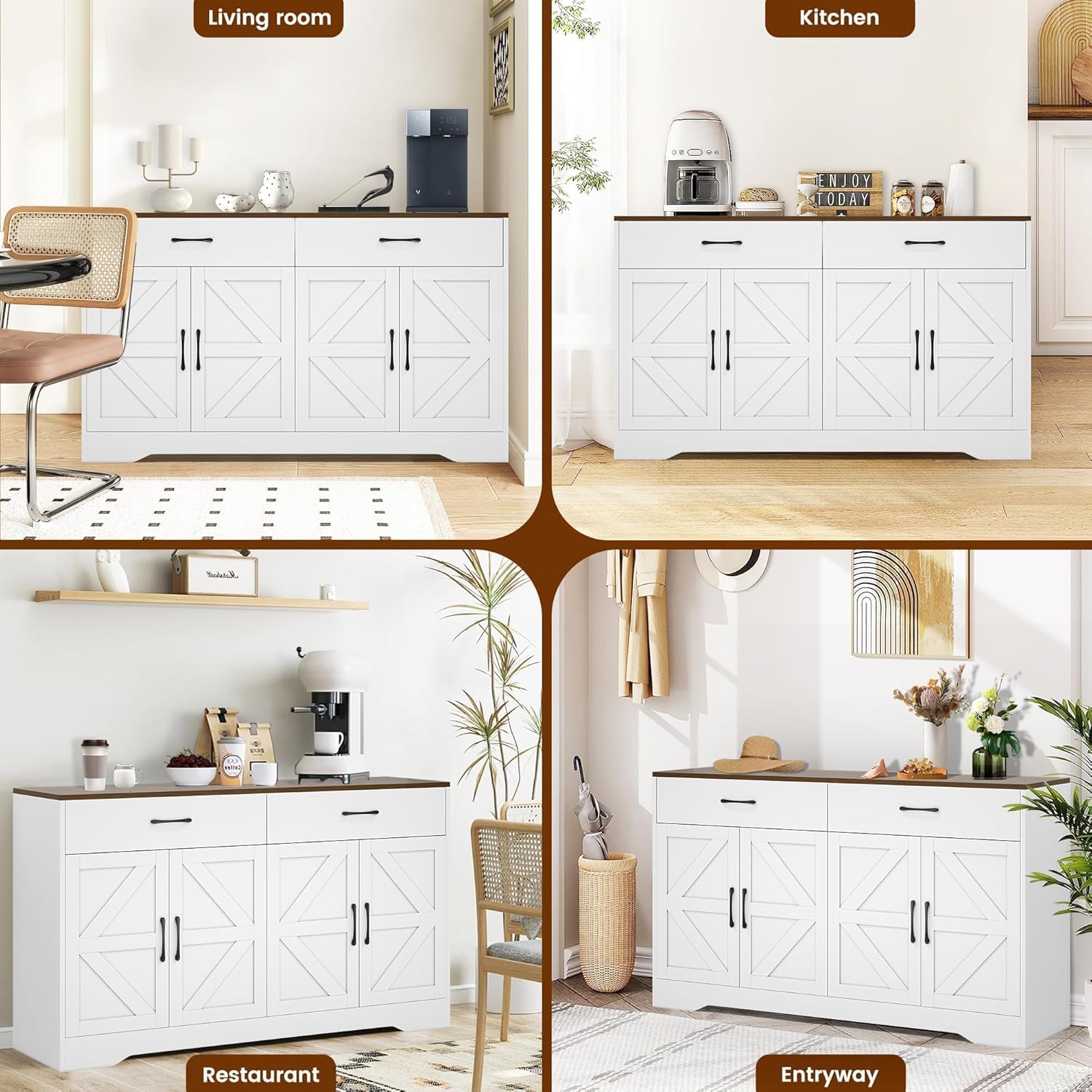 Sideboard Buffet Cabinet with Storage, 55.1" Large Kitchen Storage Sideboard with Drawers & Doors, Modern Wood Farmhouse Coffee Bar Cabinet