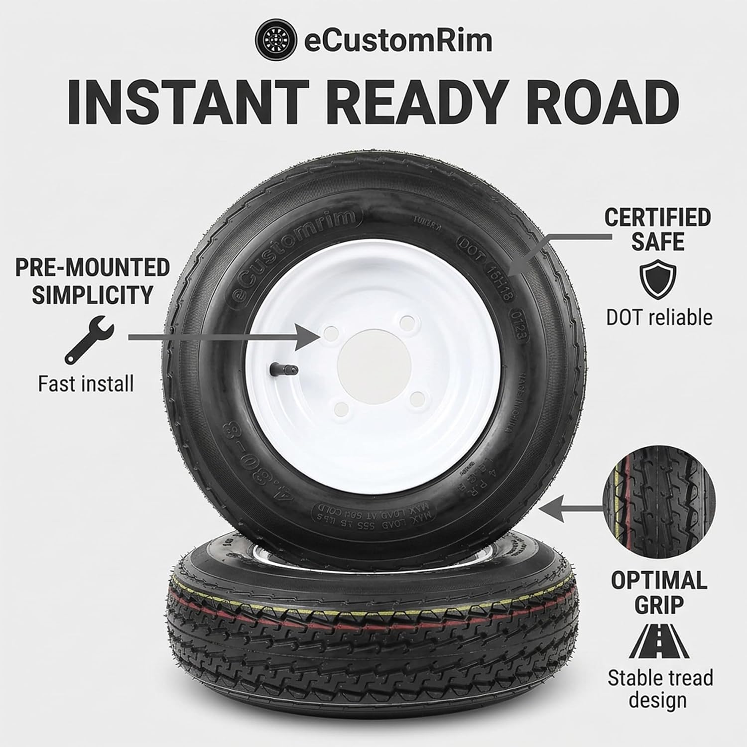 eCustomrim 2-Pack Trailer Tire Rim Assembly 4.80-8 480-8 LRC 4 Lug White | 4.80 X 8 8 Inch Load Range C 6 Ply Tire
