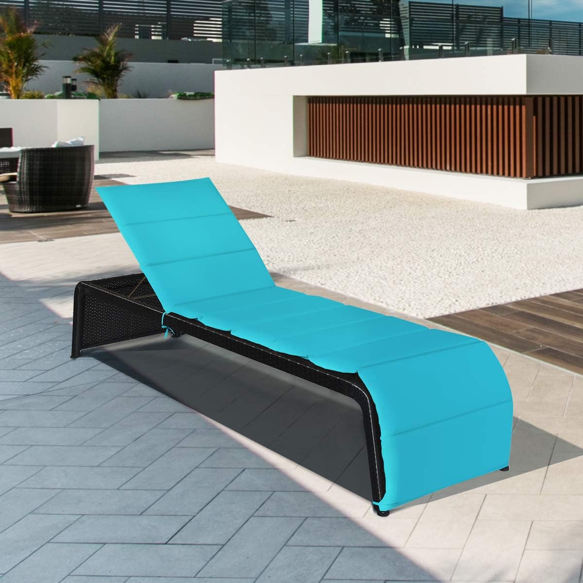 Tangkula Outdoor Chaise Lounge Chair, 5-Position Adjustable Rattan Recliner Chair w/Cushioned Seating and Adjustable Feet