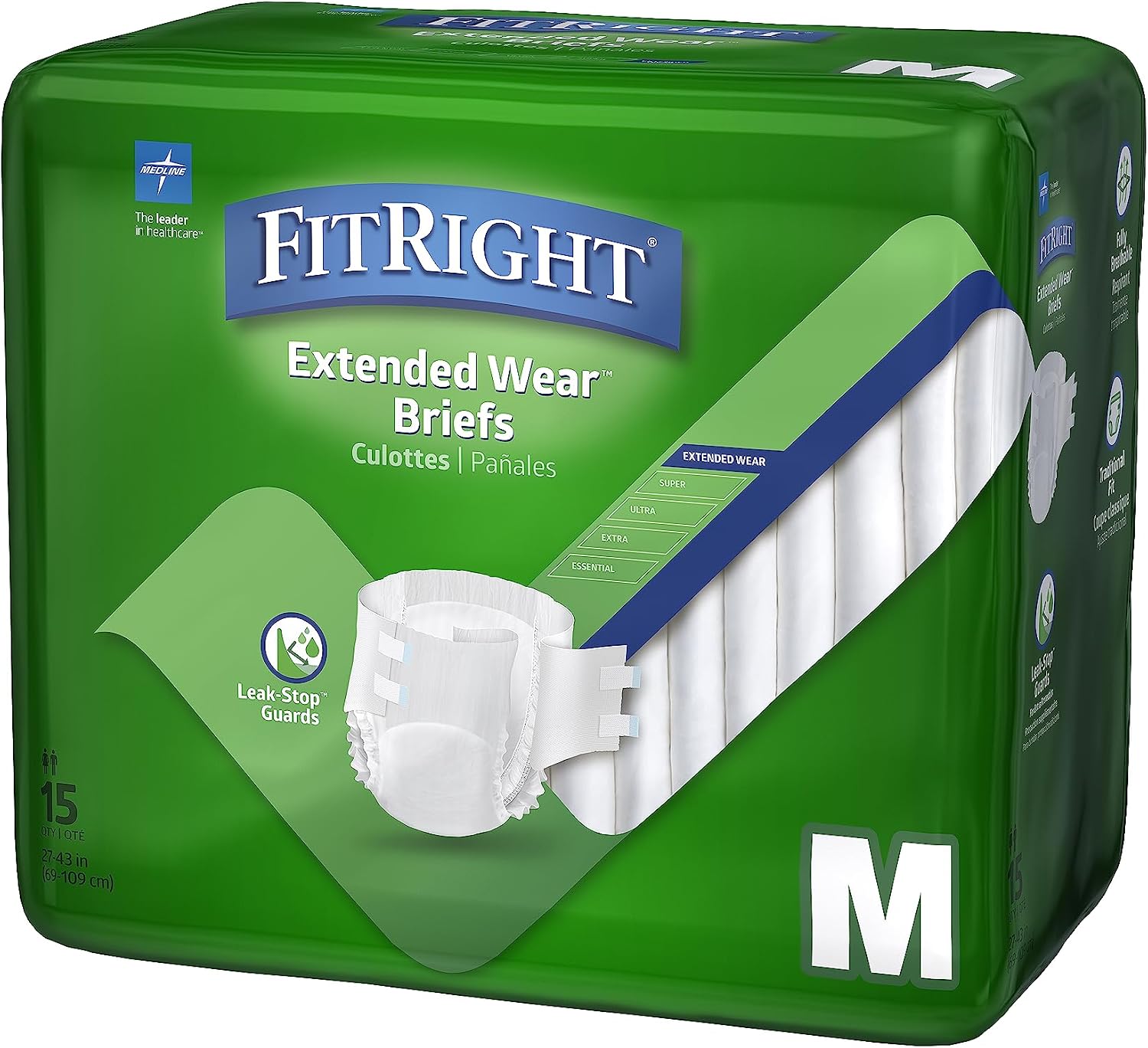 FitRight Adult Incontinence Briefs with Tabs, Extended Wear, Medium, 27" to 43", 15 Count