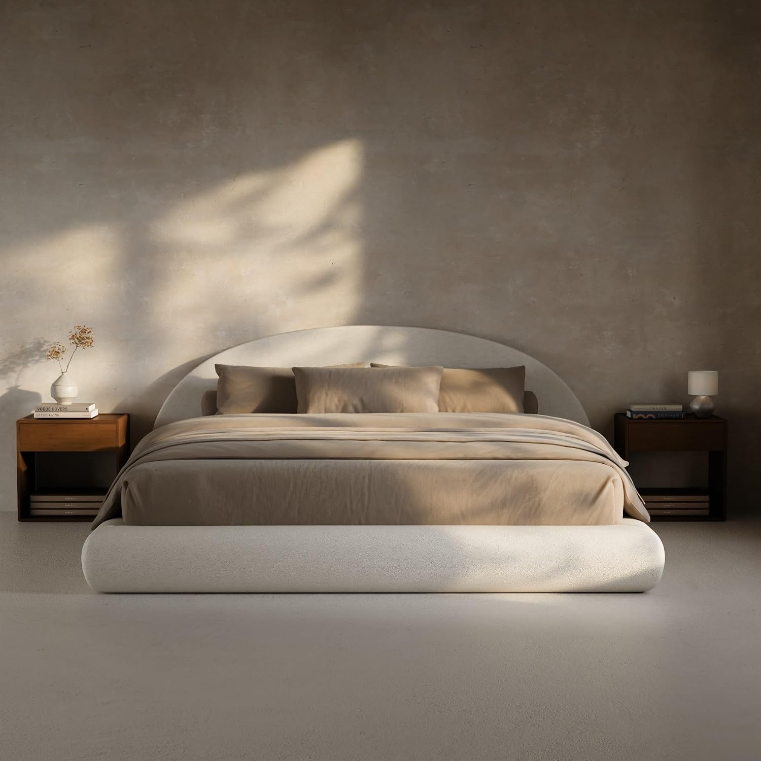 RECCI AirFrame Half-Moon Upholstered Queen Platform Bed Frame | Velvet Curved Arched Base, 6-Inch Thickness Headboard, 5 Inch Fully Round Cushioned Foam, No Box Spring Needed, Easy Assembly