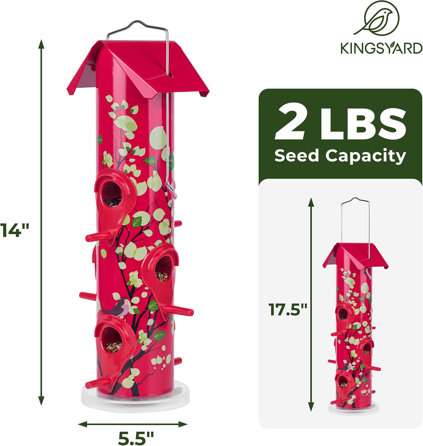 Kingsyard Metal Bird Feeders for Outdoors Hanging, Tube Bird Feeder | 14 in, 6 Feeding Ports, drainage holes, 2 lbs Seed Capacity, Weatherproof, Stays Dry & Fresh, Easy to Clean & Refill, Yellow