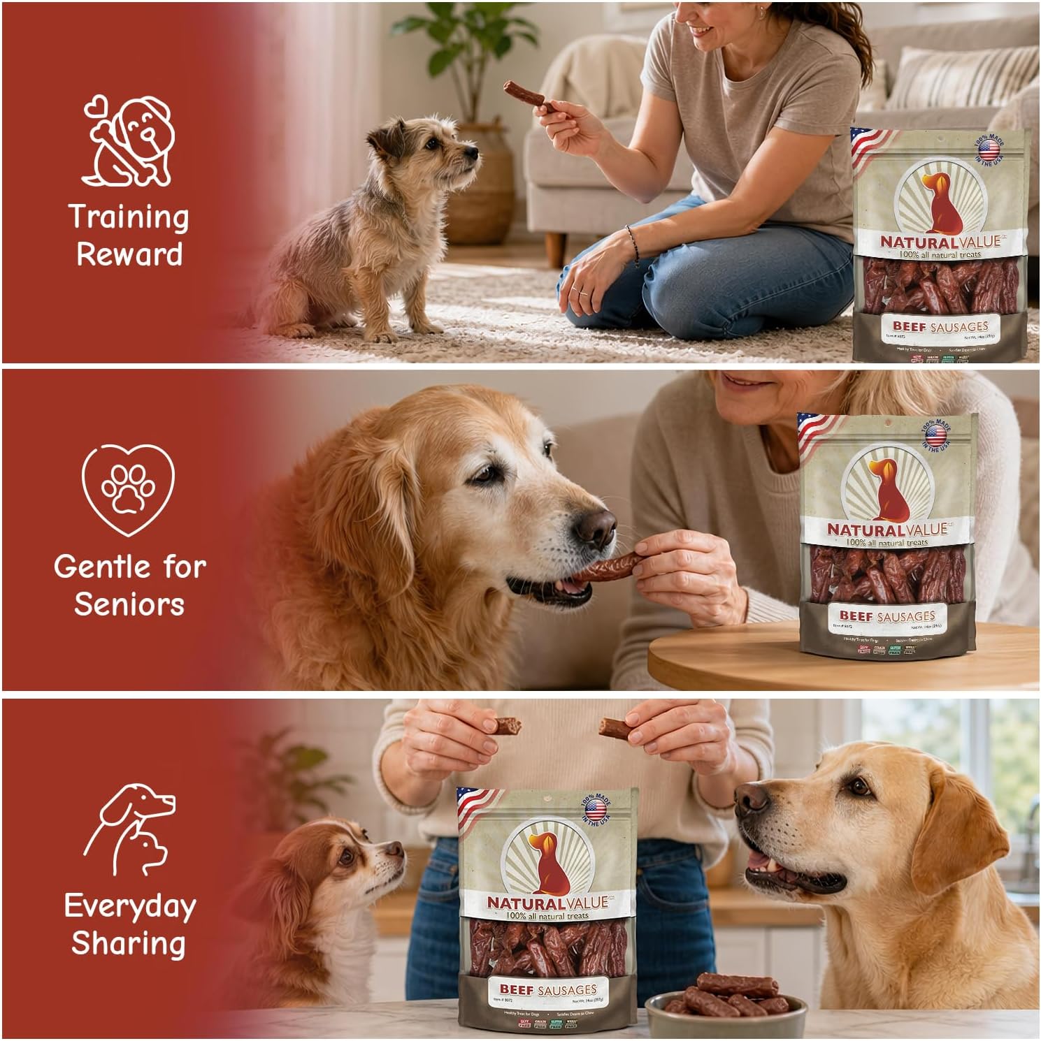 Loving Pets Natural Value Beef Sticks - Soft Jerky Dog Treats for Large & Small Breeds - Healthy Gluten, Wheat, Soy & Grain Free Pet Treats for Dogs