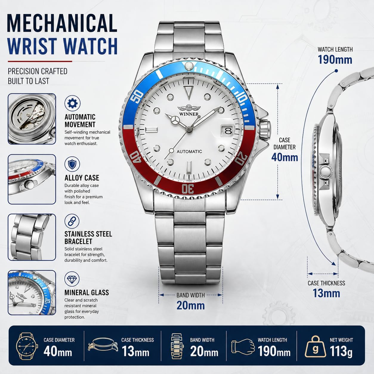 MASTOP Mens Automatic Mechanical Watches Stainless Steel Waterproof Luxury Watch for Men Reloj Automático para Hombre