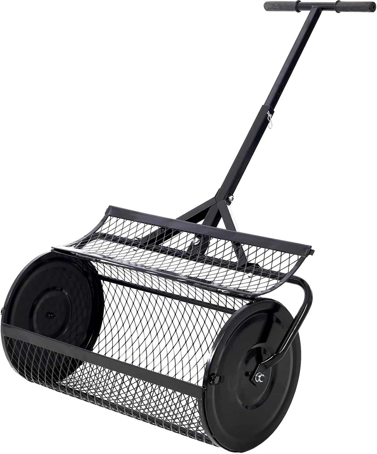 Compost Spreader - 24'' Peat Moss Spreader Manure Spreaders Roller with Adjustable T Shaped Handle Lightweight Metal Mesh Spreader for Lawn Garden Spreading Manure Topsoil, Black 0.5" x 1" Open Slits