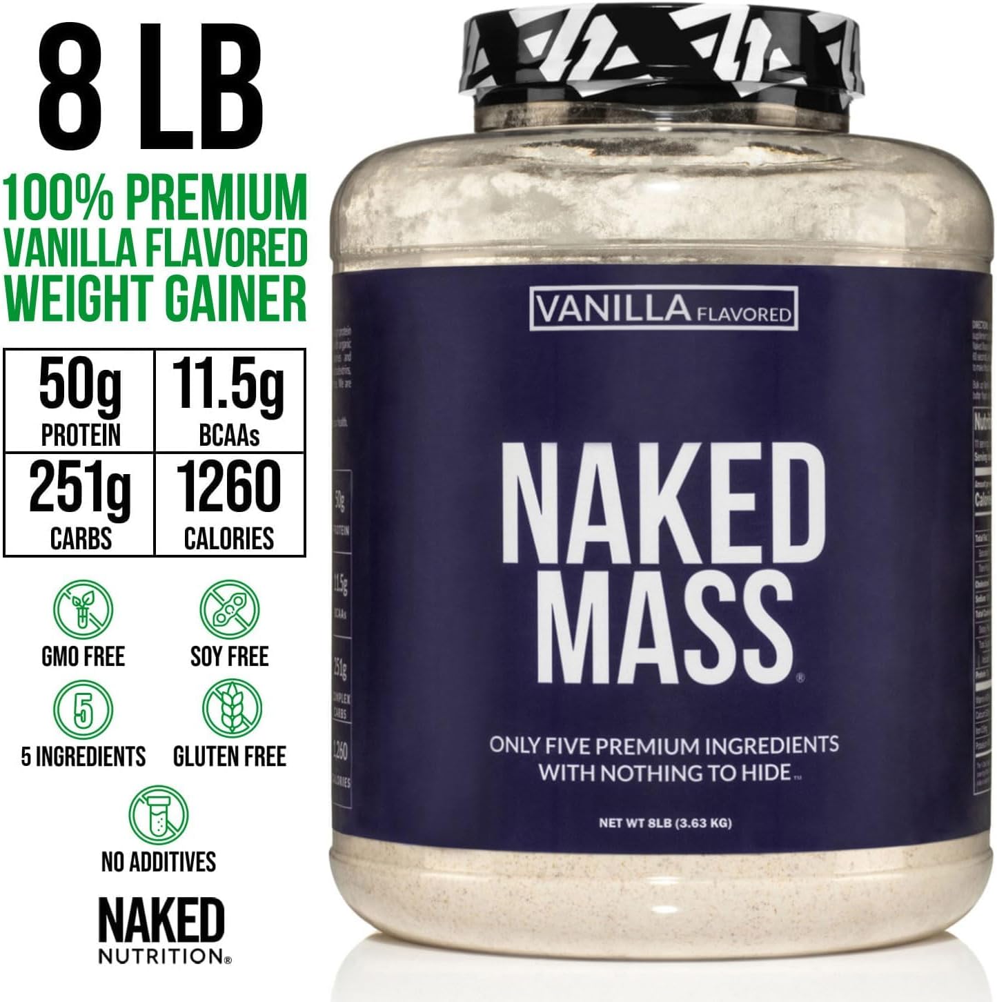 NAKED Mass - Natural Weight Gainer Protein Powder - 8 LB Bulk, NSF Certified, GMO Free, Gluten Free & Soy Free. No Artificial Ingredients - 1,250 Calories per Serving