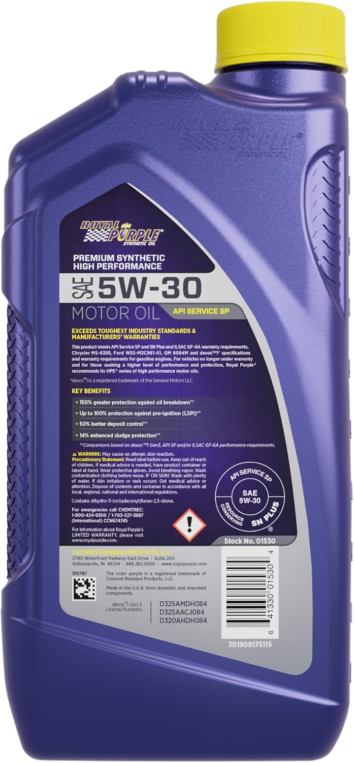 Royal Purple 51530 API-Licensed SAE 5W-30 High Performance Synthetic Motor Oil - 5 qt., Model:ROY51530