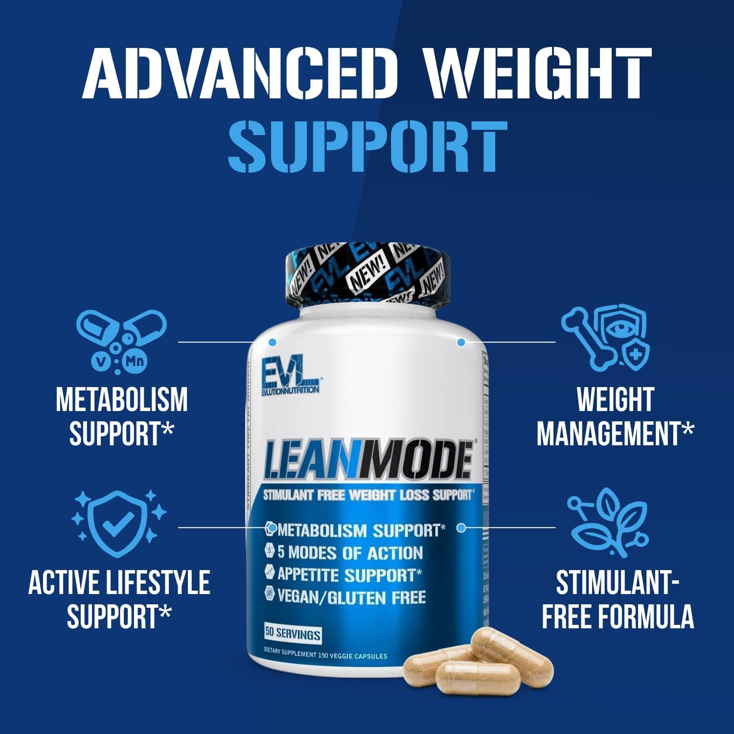 EVL LeanMode Weight Loss Support Capsules - For Men & Women - 50 Servings | Features Green Coffee Bean Extract, CLA and Garcinia Cambogia to support metabolism and appetite control
