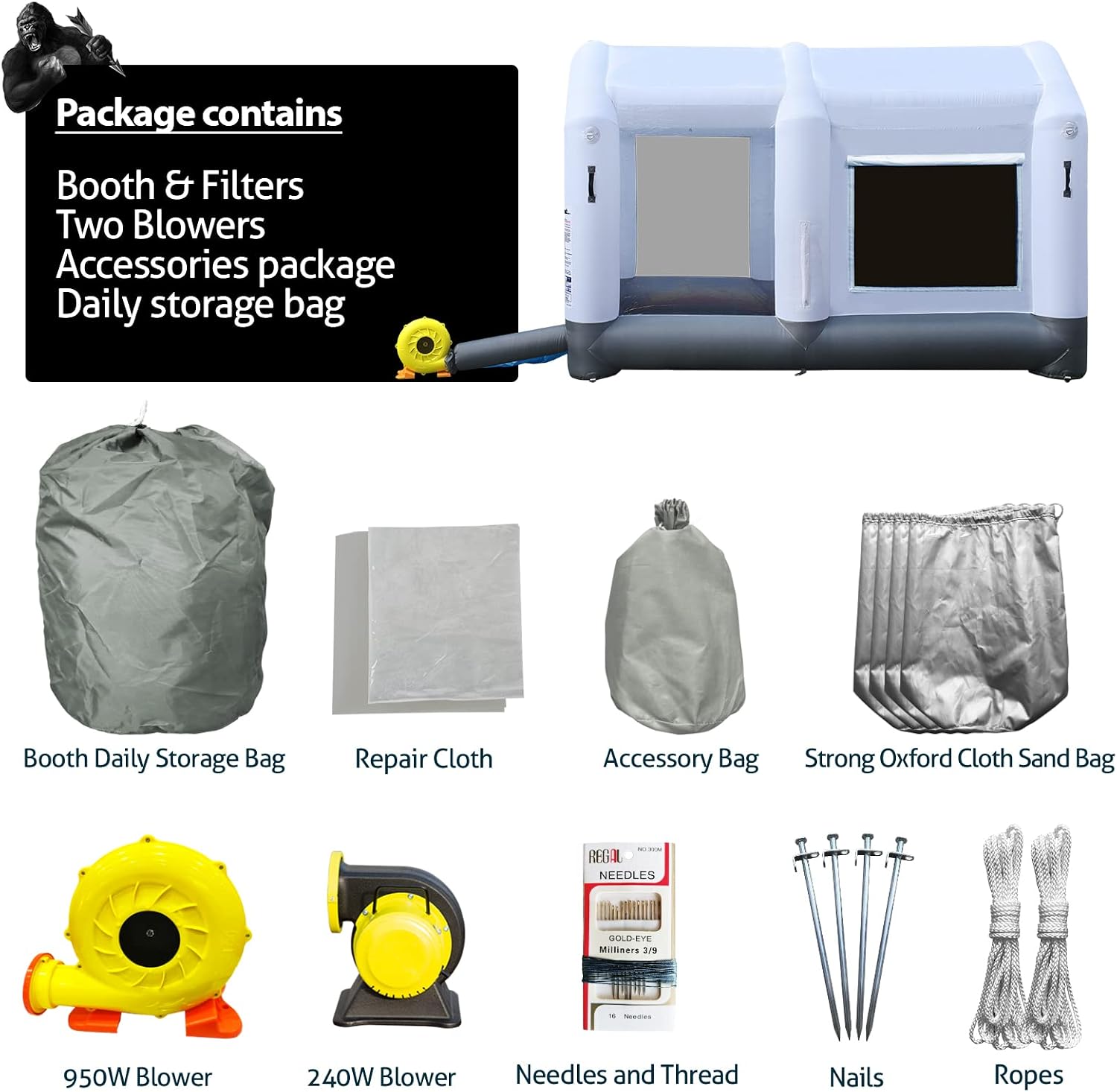 GORILLASPRO Inflatable Paint Booth 26x15x10Ft, Inflatable Spray Booth with (750W + 950W) Blowers, Upgrade Air Filter System Environment Friendly