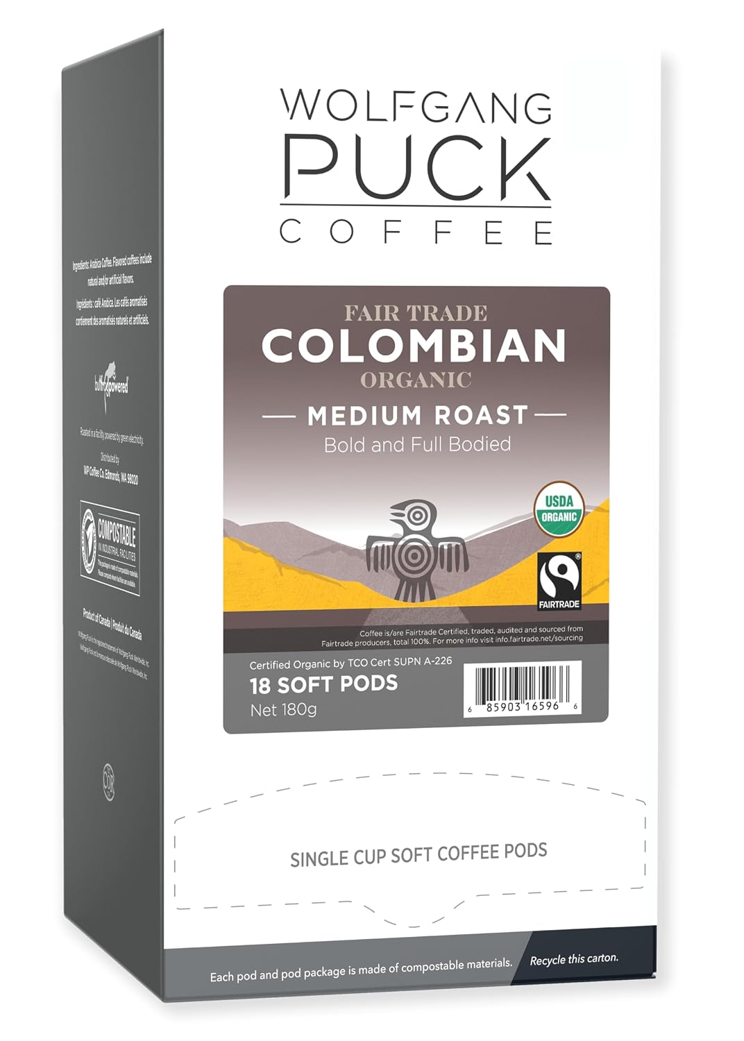 Wolfgang Puck Coffee, Organic Colombian Fair Trade, 9.5 Gram Soft Pods, 18 Count (Pack of 1)