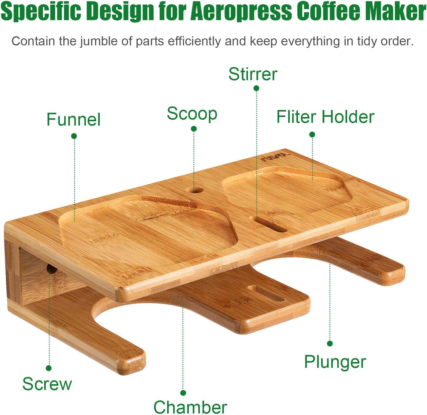 Space Saving Organizer Wall Mount for Aeropress set, Polished Bamboo