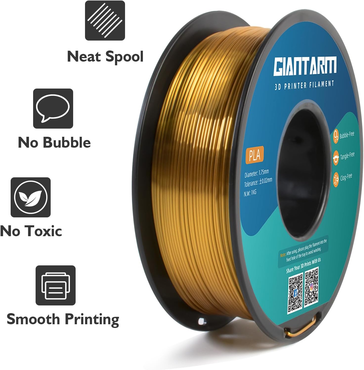 GIANTARM 3D Printer Filament, Silk Gold Pla Filament, 1Kg(2.2lbs) Spool, 1.75mm Dimension Accuracy +/- 0.03mm, 3D Printing Filament