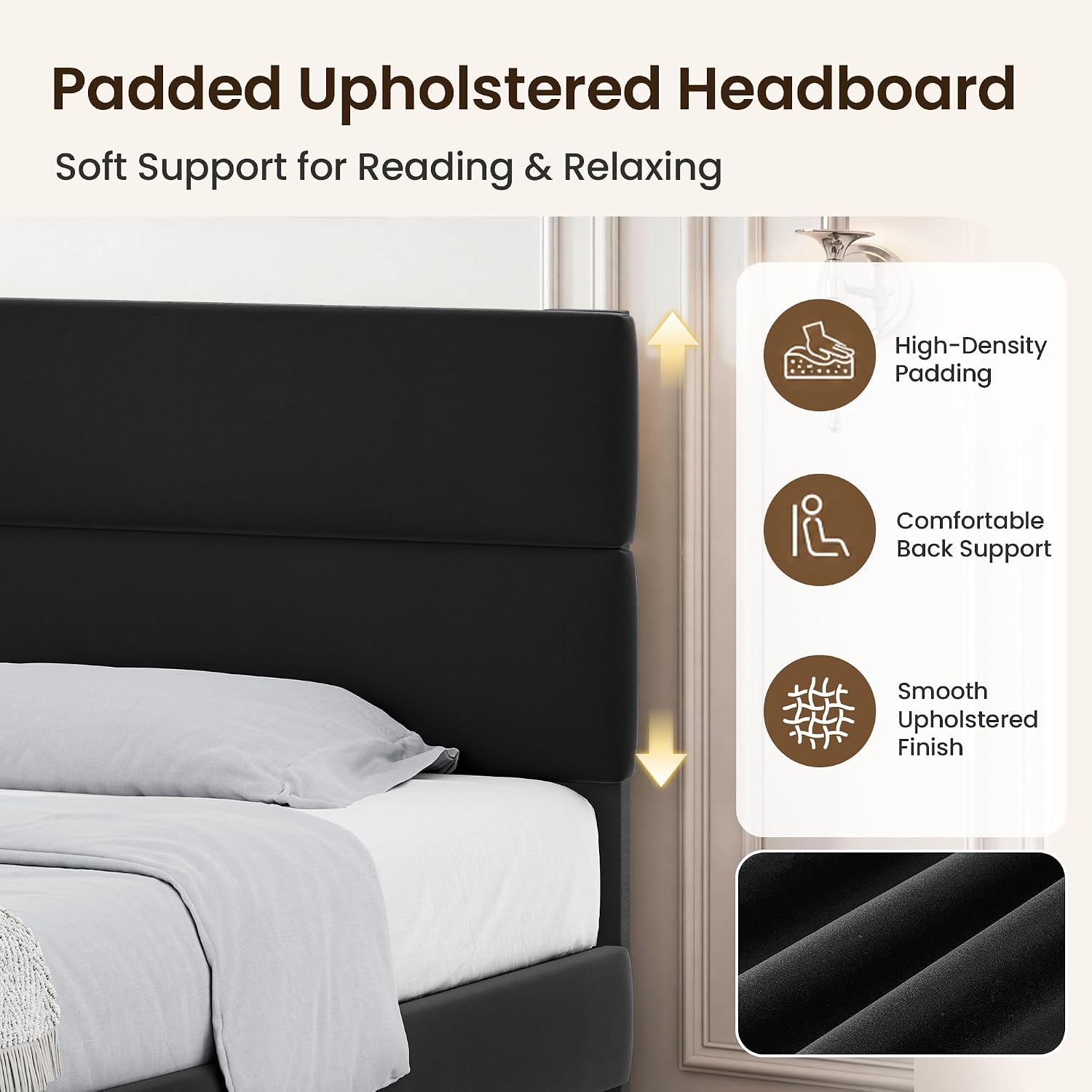 GRUSIGN Queen Size Platform Bed Frame with Velvet Headboard, Adjustable Height Wooden Slats Support, Upholstered Mattress Foundation, Fits Mattress or Mattress with Box Spring, Easy Assembly, Beige