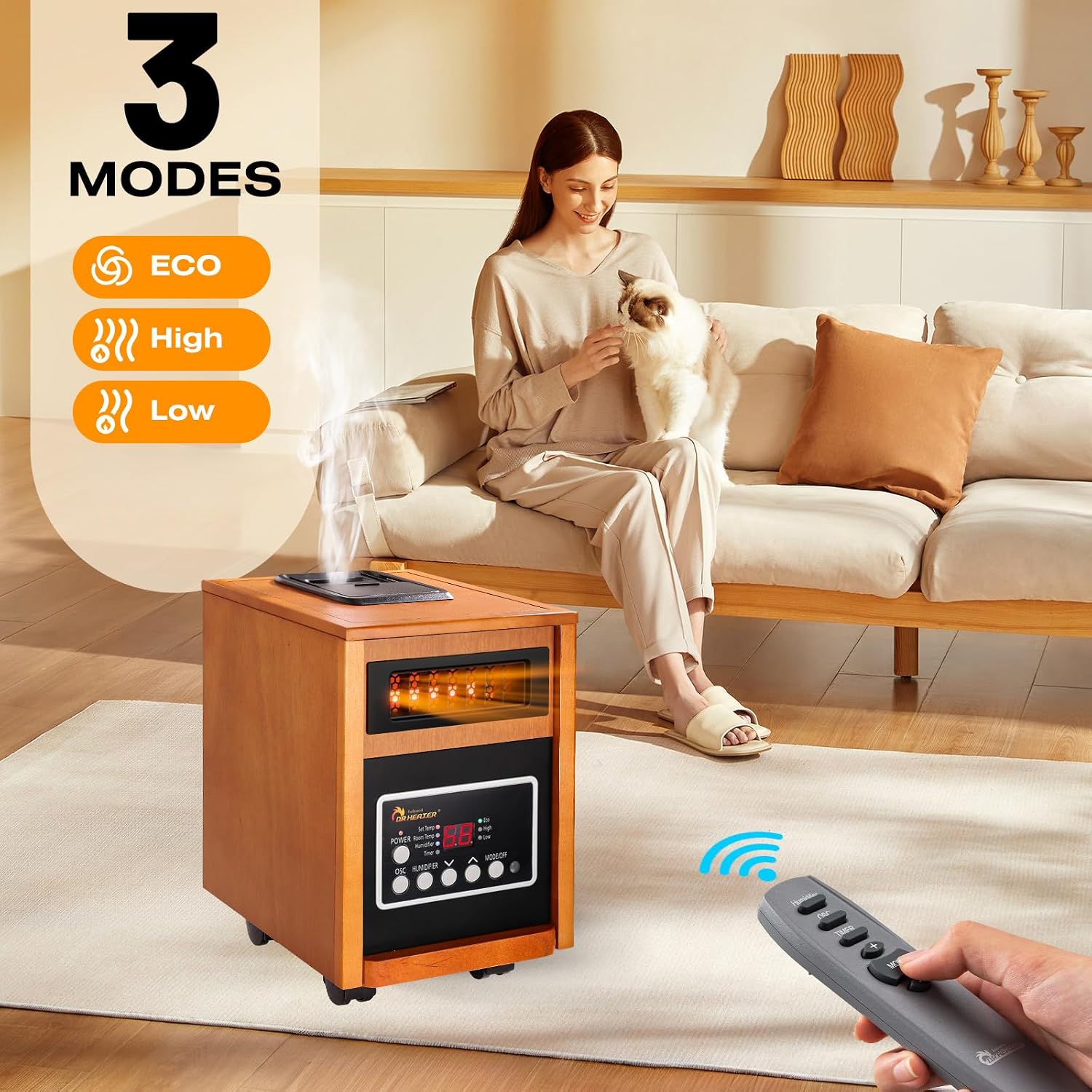 DR. INFRARED HEATER DR-998, 1500W Dual Heating Infrared Space Heater with Humidifier, Oscillation, Remote Control, Thermostat & Safety Protection, Portable with Wheels, Energy Efficient, Cherry