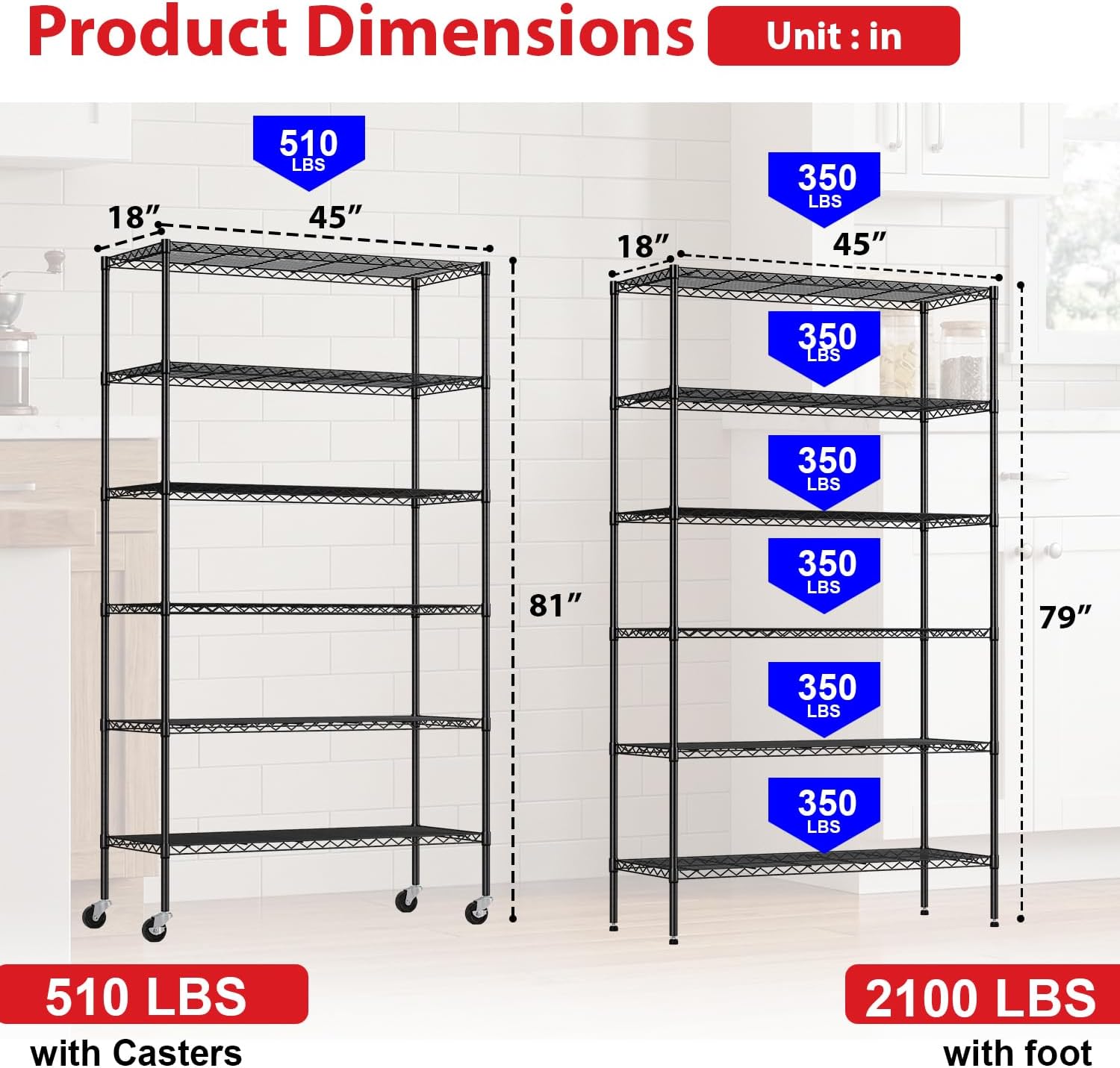PayLessHere | 6-Tier Wire Shelf with Wheels | 45"x18"x82" | Black