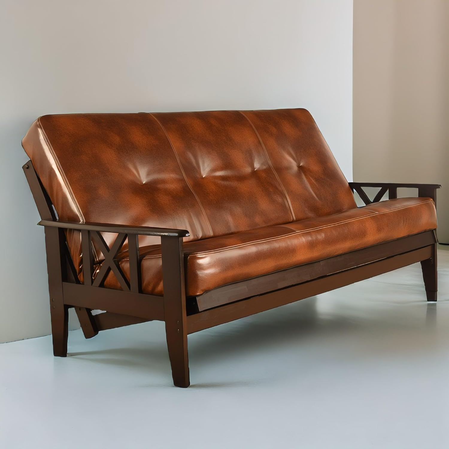Full Size Camel Futon Cover Only Bonded Leather Premium Collection Fits 6-8 inch Futons Mattress (Havana)