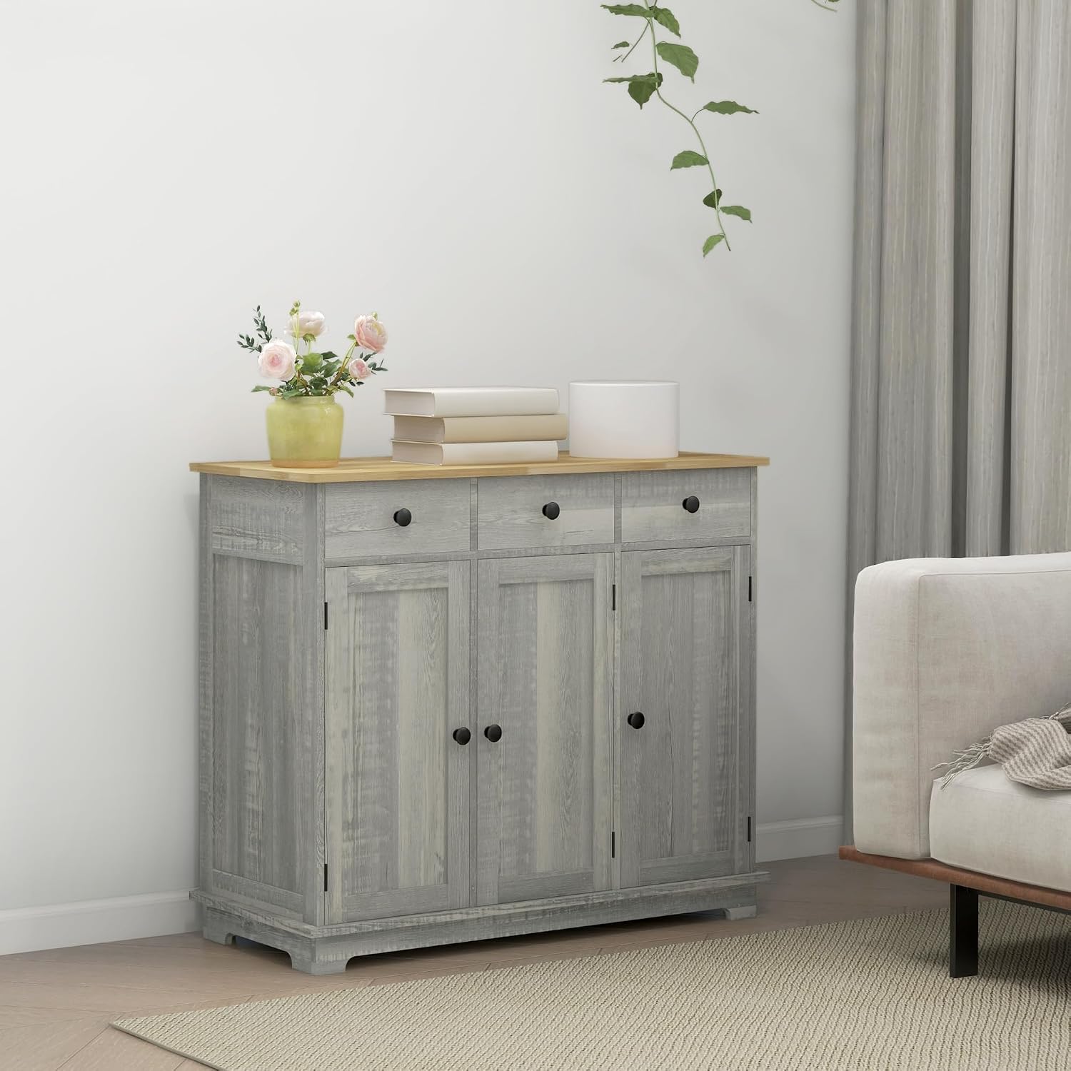 HOMCOM Sideboard Buffet Cabinet Solid Wood Countertop White