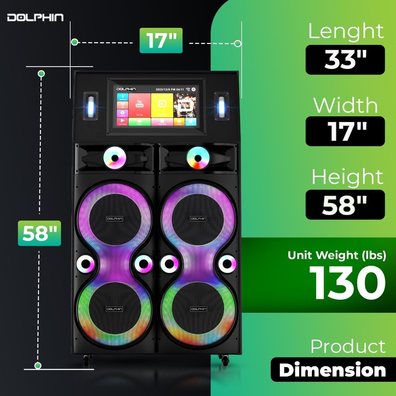 Dolphin Karaoke Machine with 2 Wireless Microphones, Quad 12" Woofers | 18.5" Touchscreen, 300W RMS, Android, Bluetooth, Wi-Fi, HDMI/USB/SD Card/AUX