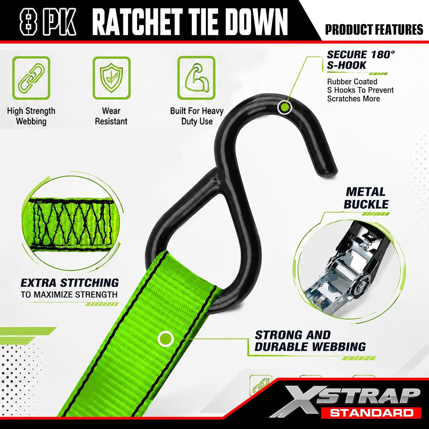 XSTRAP STANDARD 8-PK Ratchet Tie Down Straps, 1" x 10ft Cargo Strap, Yellow