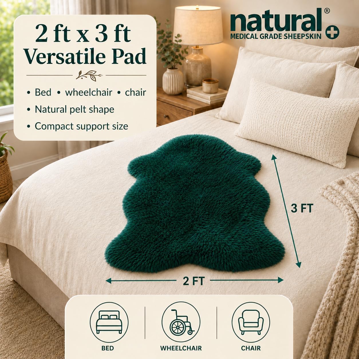 Natural Medical Sheepskin Pad, Non-Slip Back, Natural, 17 x 17 in, 1 Pack