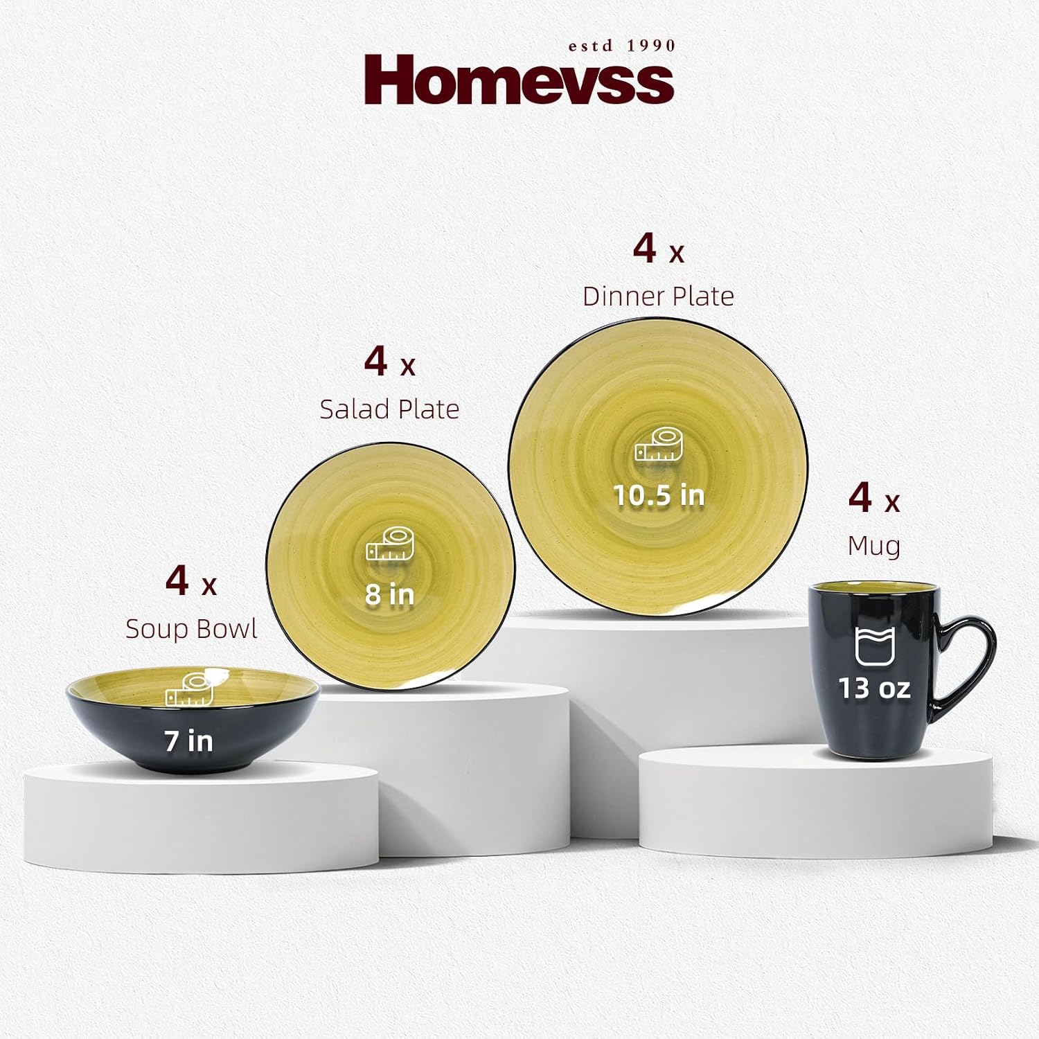 HomeVss, Sonoma Stoneware Dinnerware Set, Outside Black + Inside Hand Painting Color (16pc Set, Grey)