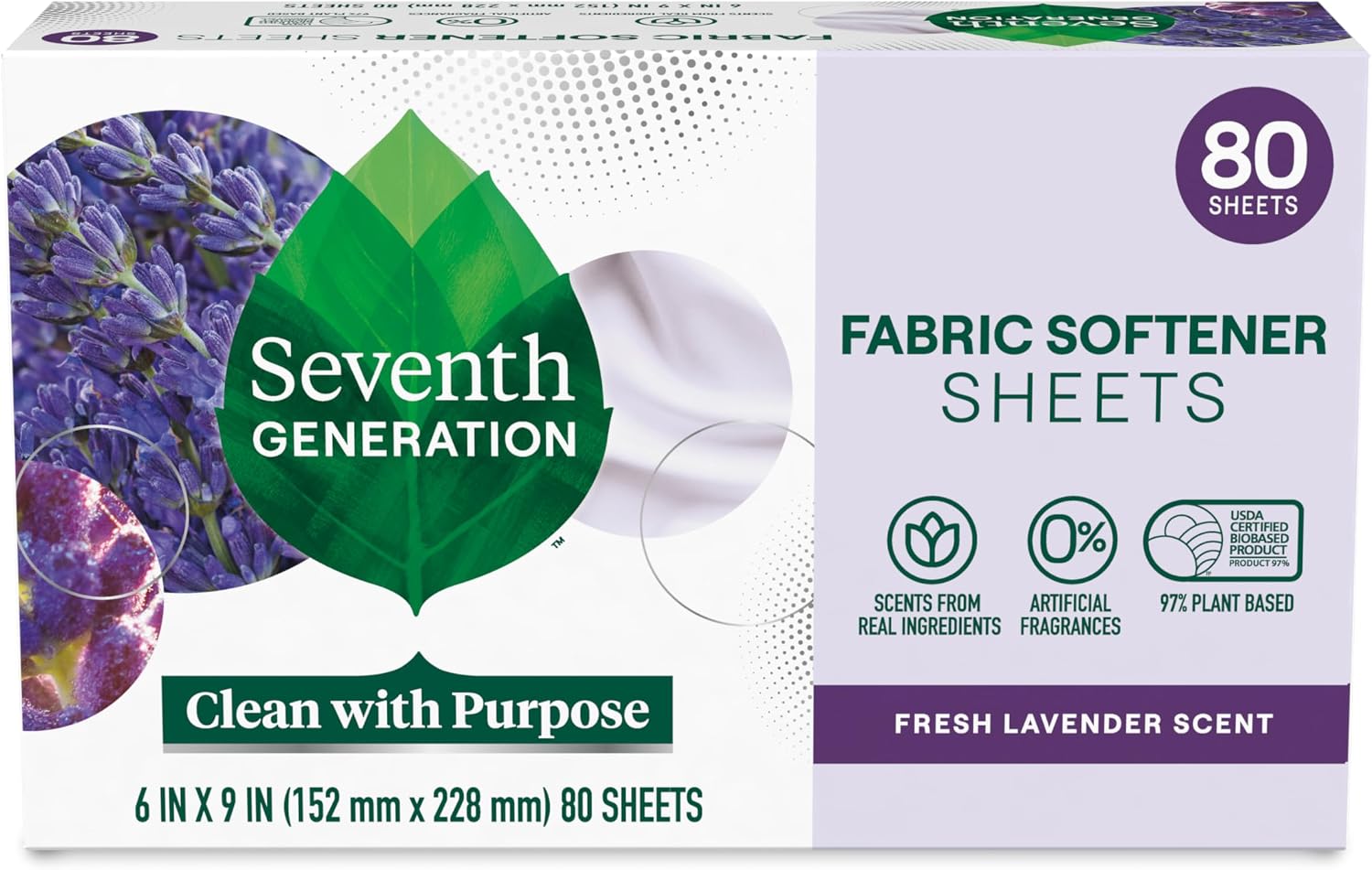 Seventh Generation Dryer Sheets Laundry Fabric Softener, Fresh Lavender Scent, 80 Sheets