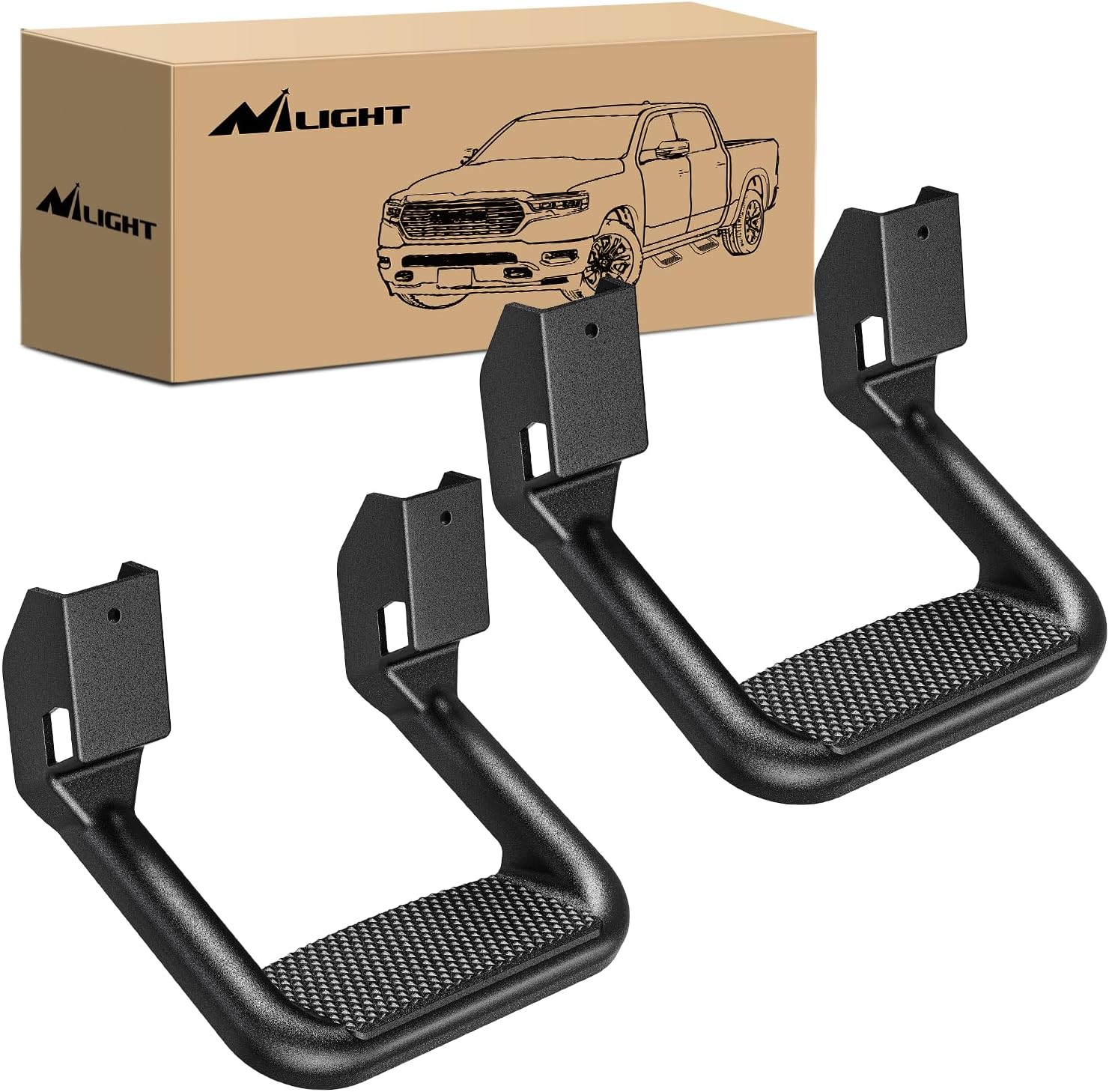 Nilight Aluminum Slip-Proof Nerf Steps 2Pcs Black for Pickup Trucks | Drilling required Universal Side Step Side Hoop Steps Nerf Bars Assembly for Chevy (Chevrolet) Ford Toyota GMC Dodge RAM