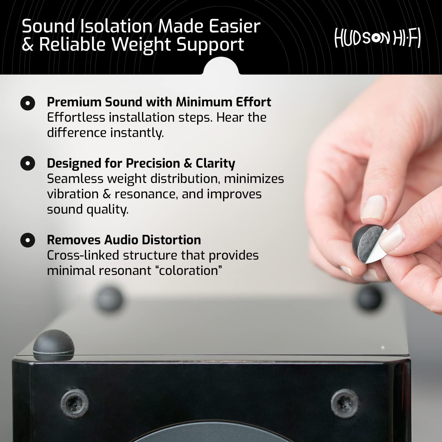Hudson Hi-Fi Speaker Isolation Feet (4-Pack, 1") – Adhesive Silicone Anti-Vibration Pads for Speakers, Turntables, Subwoofers & Amplifiers, Supports 5-18 lbs Per Pad