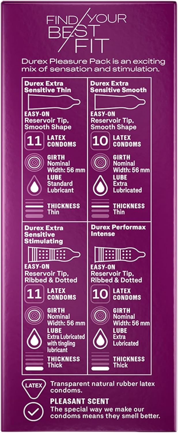 Durex Pleasure Pack Assorted Thin Condoms, Exciting Mix of Sensation and Stimulation, Lubricated Natural Rubber Latex Condoms for Men, 42 Count
