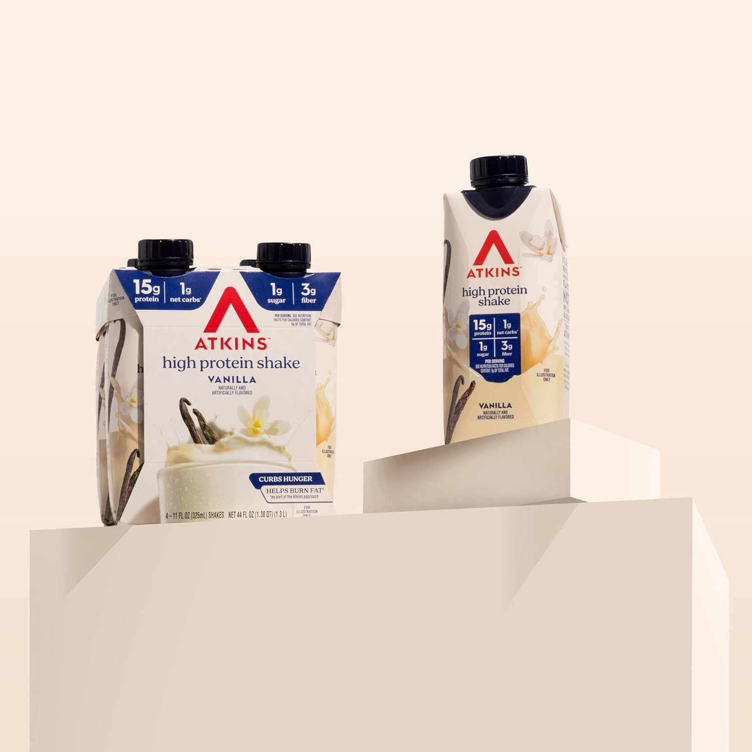 Atkins Vanilla High Protein Shake, 15g Protein, 12 Count | 15g Protein, 3g Fiber, 1g Net Carb, 1g Sugar, Vanilla Flavored, Keto Friendly