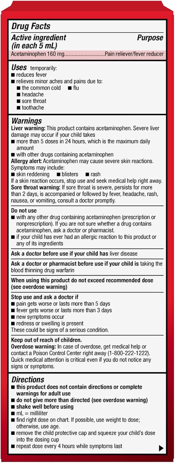 Amazon Basic Care Children's Acetaminophen 160 mg per 5 mL Oral Suspension, Grape Flavor, Pain Reliever and Fever Reducer, 4 fl oz