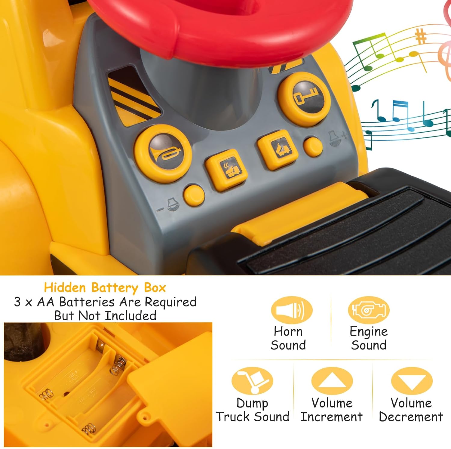 Costzon Ride on Excavator, Ride on Construction Vehicles w/Helmet, 3 Toy Stones, Realistic Sound, Adjustable Bucket & Under Seat Storage, Bulldozer Ride on Toy Gift for Kids Boys & Girls