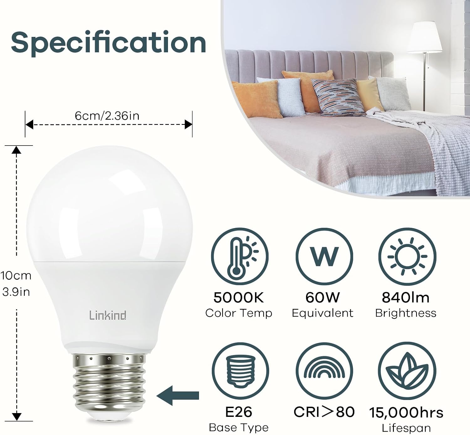Linkind A19 LED Light Bulbs, 100 Watt Equivalent, 2700K Soft White 6 Packs