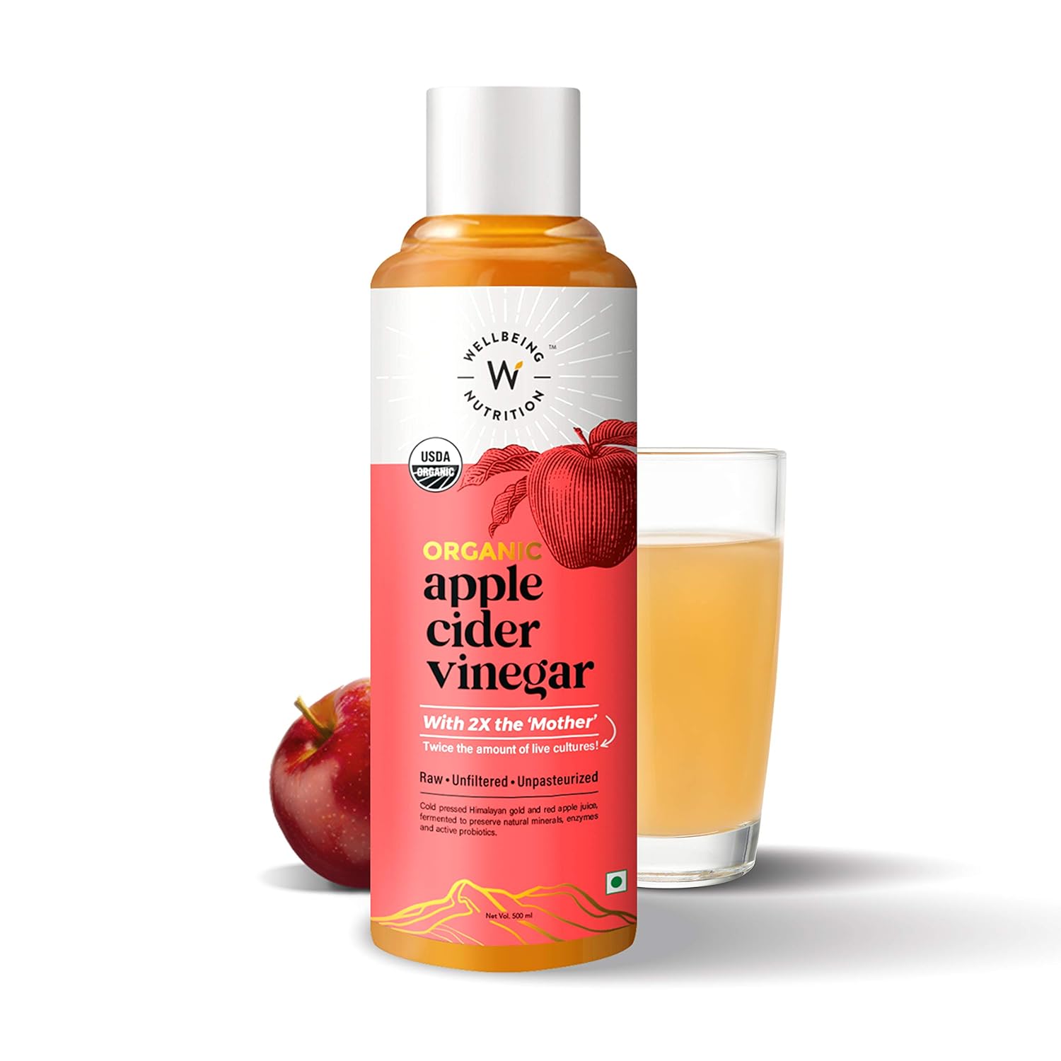Wellbeing Nutrition Organic Apple Cider Vinegar - Raw, Unfiltered, Unpasteurized - 500ml..