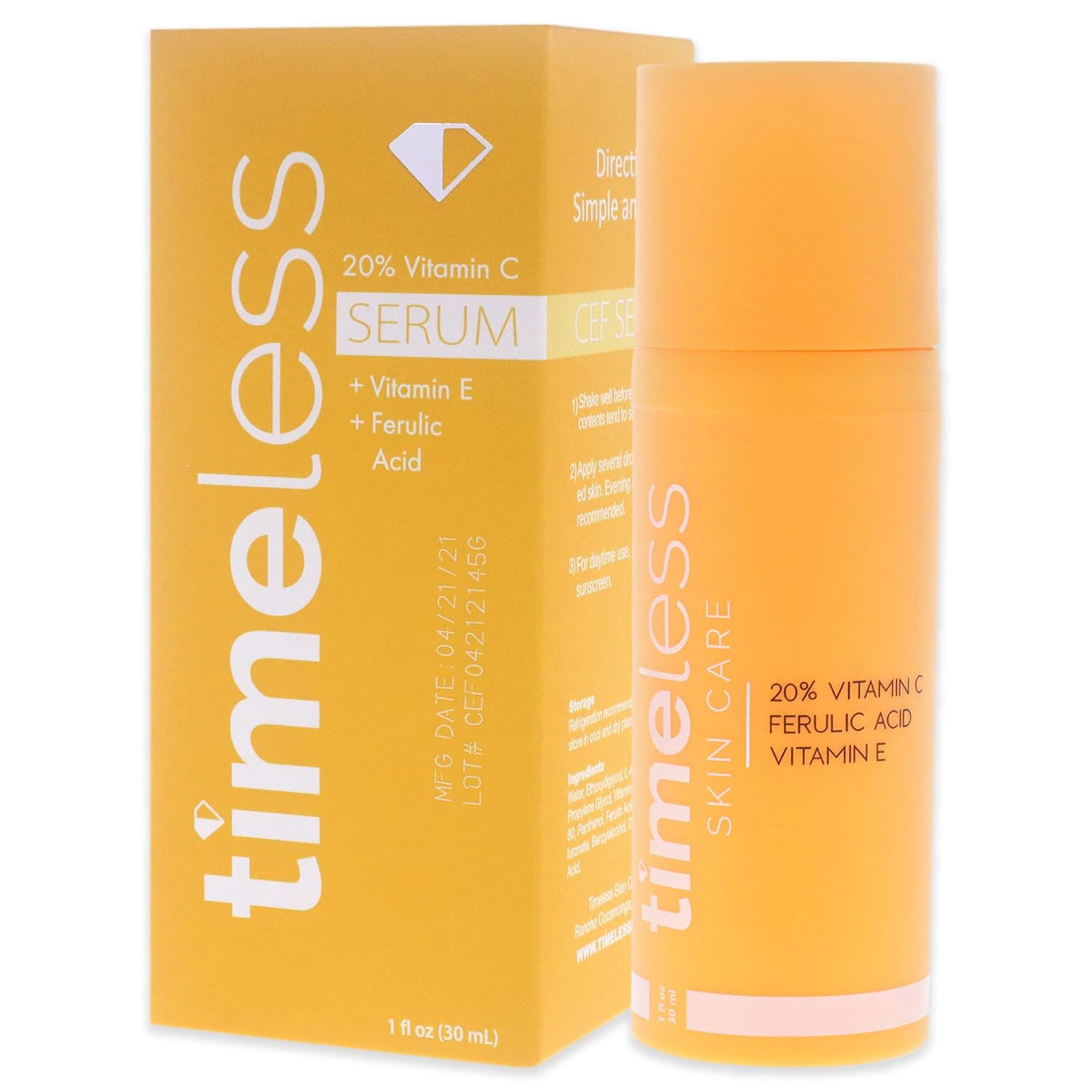 Timeless Skin Care Vitamin C Serum with Vitamin E & Ferulic Acid - Brightening Serum - for Oily & Dry Skin - Fragrance-Free - 1 oz | Vitamin C Serum for Even Skin Tone and Collagen Support, Antioxidant-Rich Advanced Skincare Formula, Lightweight