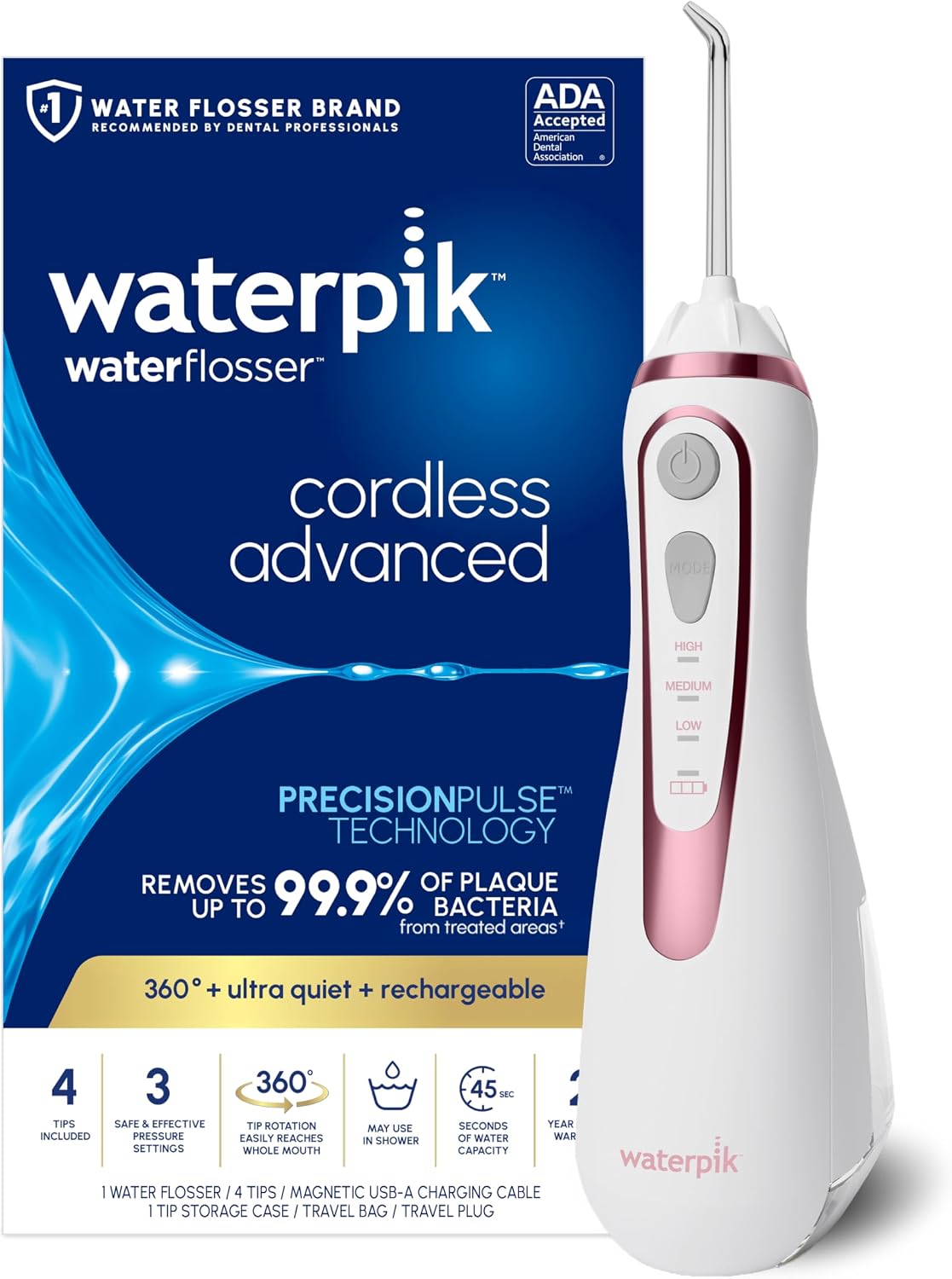 Waterpik Cordless Advanced Portable Water Flosser, Rechargeable, Black | 3 Settings, 4 Tips, Travel Bag, for Gums, Teeth, Dental Braces, Implants, Shower Use ADA Accepted WP-582 Packaging May Vary