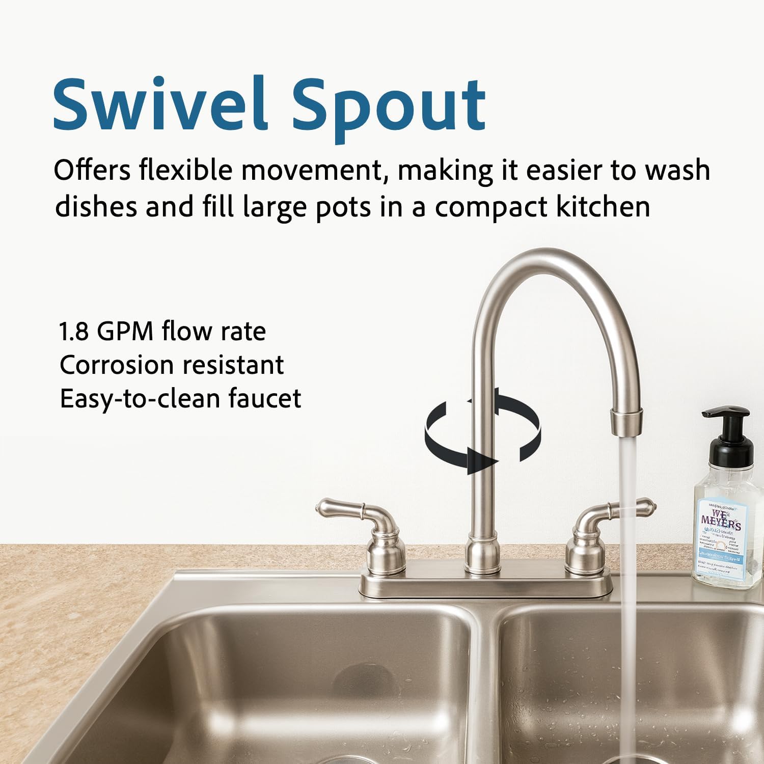 Dura Faucet DF-PK330HC-SN RV J-Spout Kitchen Sink Faucet (Satin Nickel) | Tall spout clears big pots; dual levers fine-tune water flow. Brushed Satin Nickel.