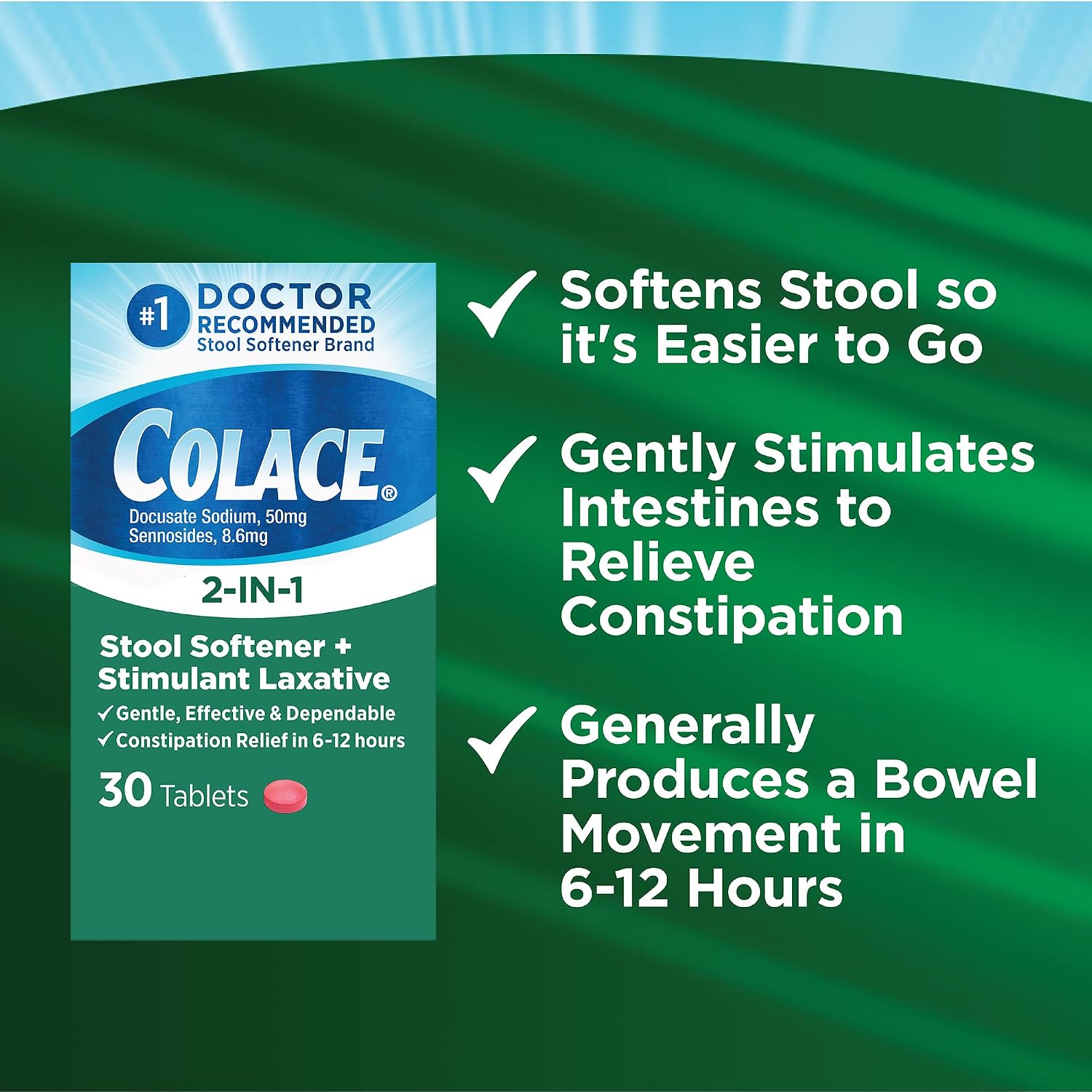 Colace 2-in-1 Stool Softener Plus Stimulant Laxative Tablets, 60 Count