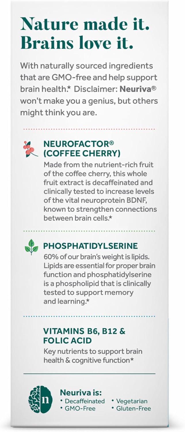 NEURIVA Plus Brain Supplements for Memory and Focus, Clinically Tested Nootropics Neurofactor and Phosphatidylserine, with Vitamin B12