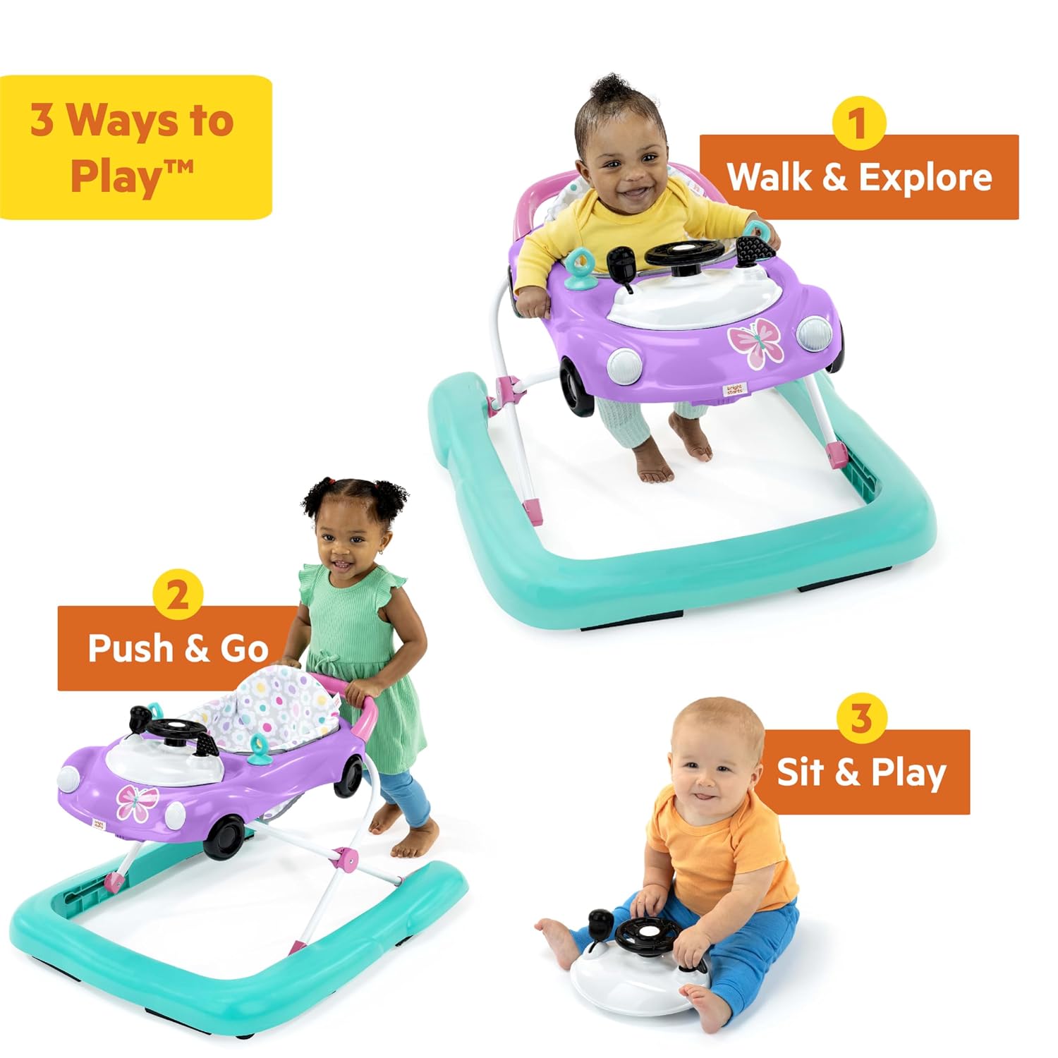 Bright Starts JuneBerry Walk-A-Bout Baby Walker and Entertainer, with Easy Fold Frame for Storage, Ages 6 Months +
